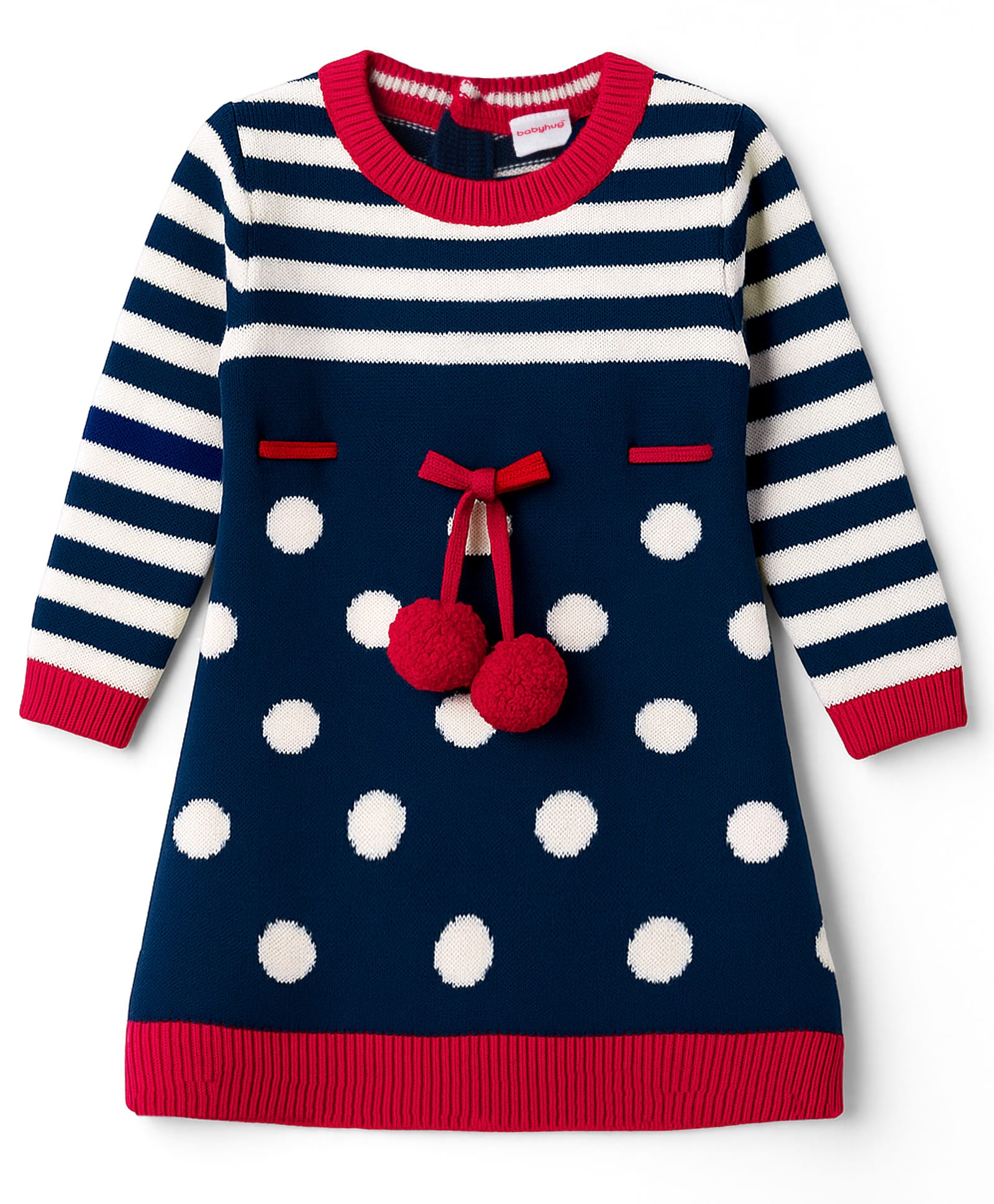 Babyhug Knit Full Sleeves Striped Woollen Dress with Pom Pom Detailing - Navy Blue & Red-image-49