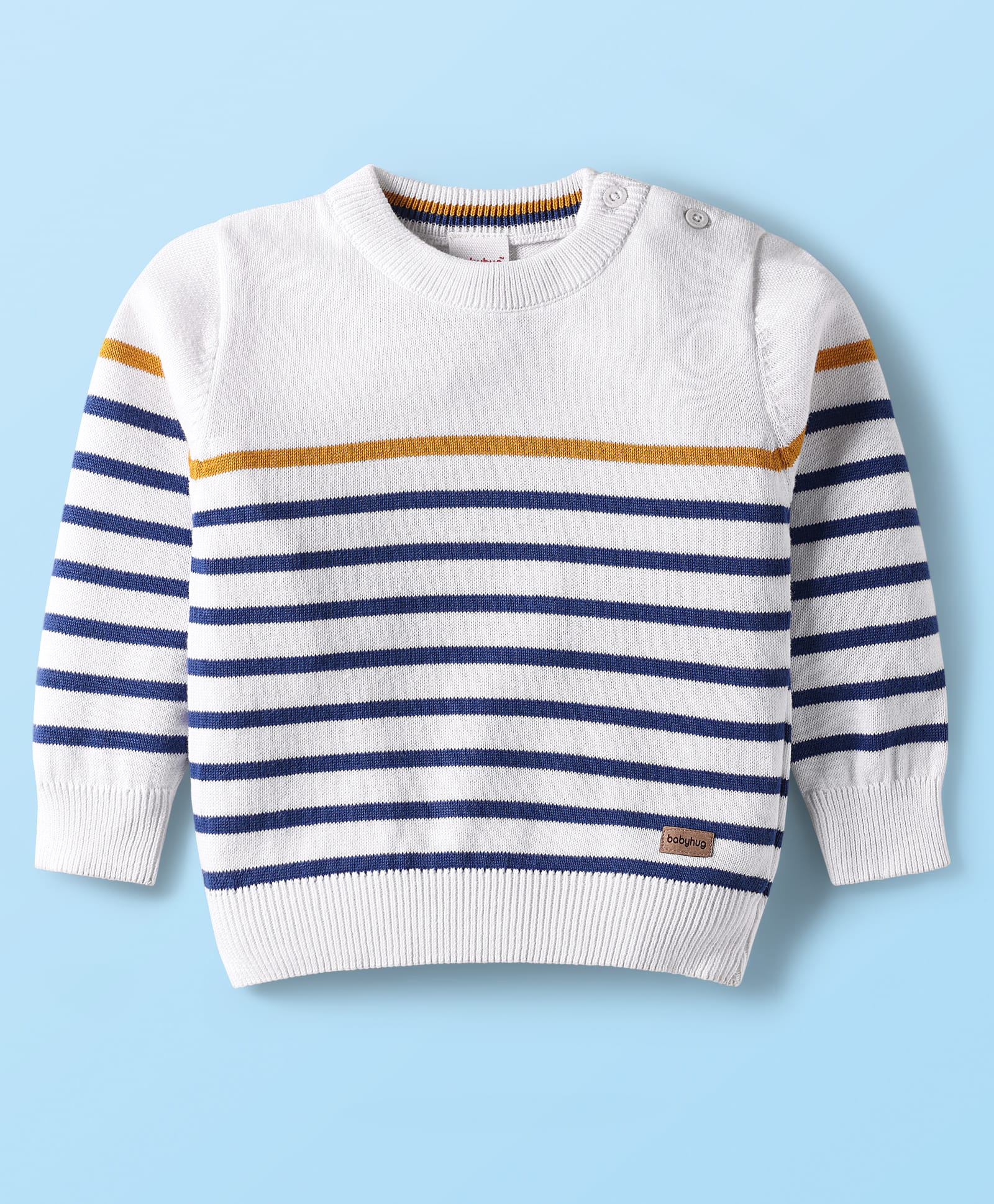 Babyhug Cotton Knitted Full Sleeves Pullover Striped Sweater - White & Blue-image-22