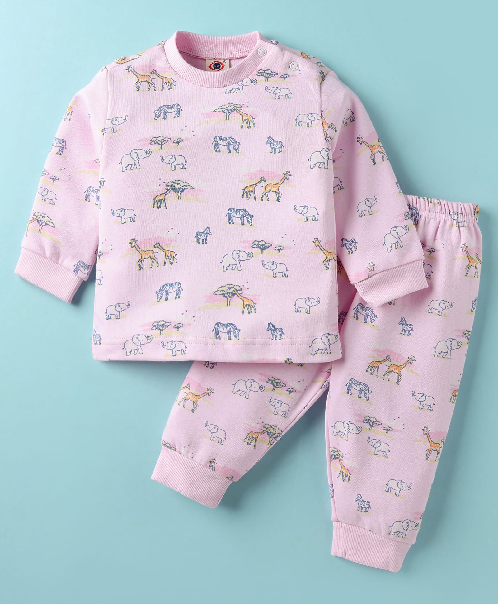 Zero Interlock Knit Full Sleeves Co-ords Night Suit with Jungle Theme Print - Pink-picture-13