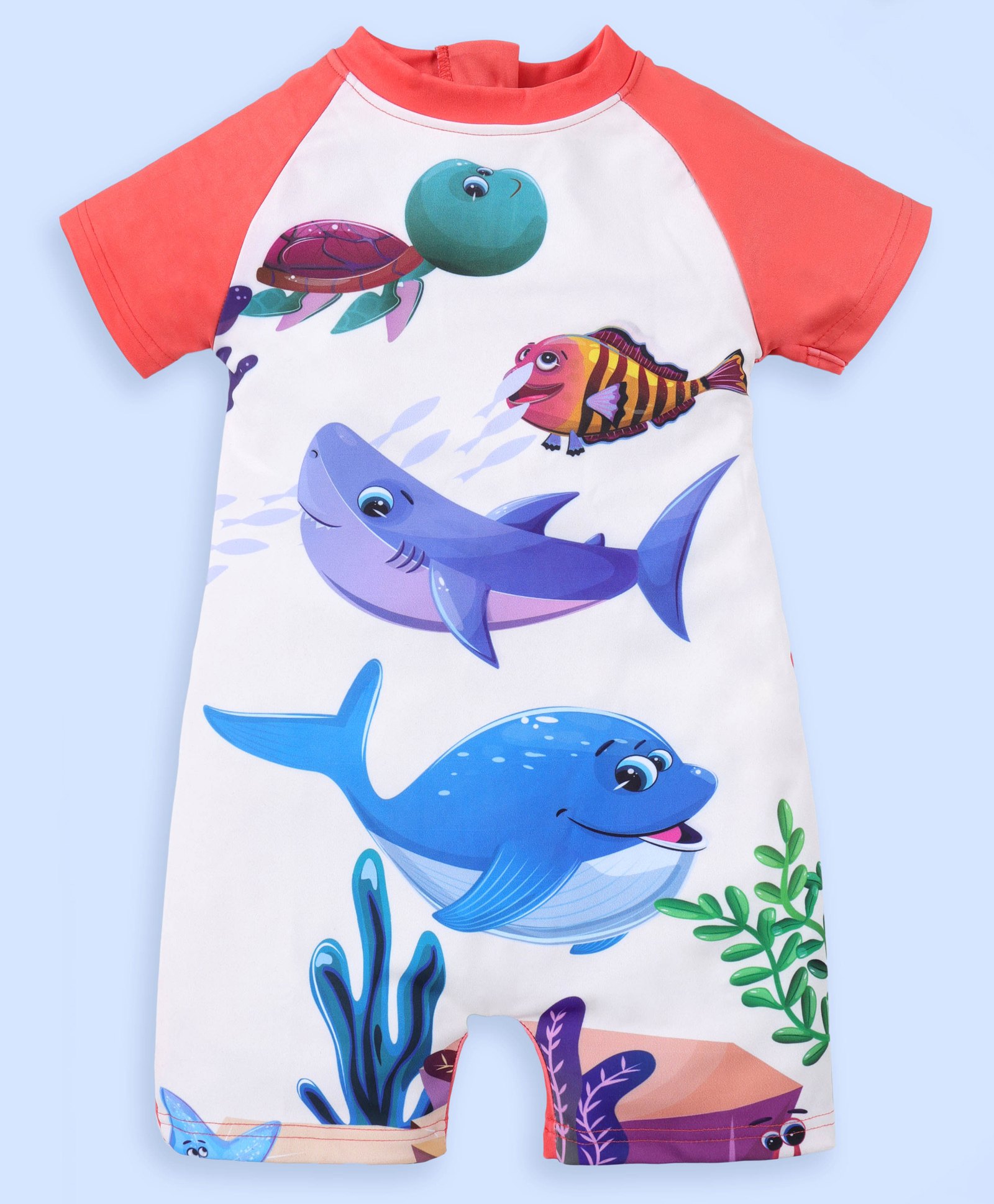 Kiddopanti Half Raglan Sleeves Sea Life Printed Legged Swimsuit - Neon Peach & White-image-23