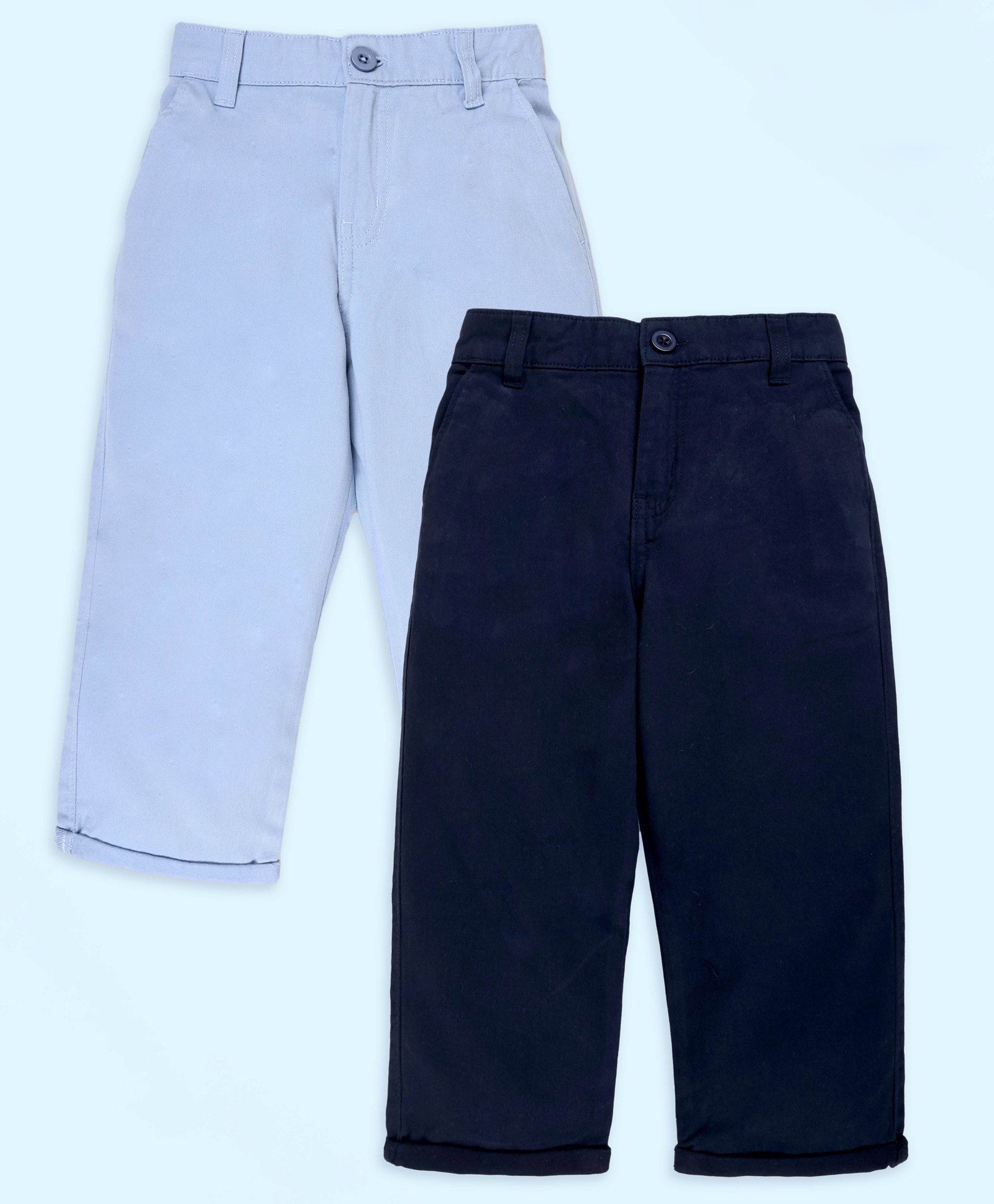 Kiddopanti Cotton Woven Pack of 2 Solid Chinos - Light & Navy Blue-picture-16