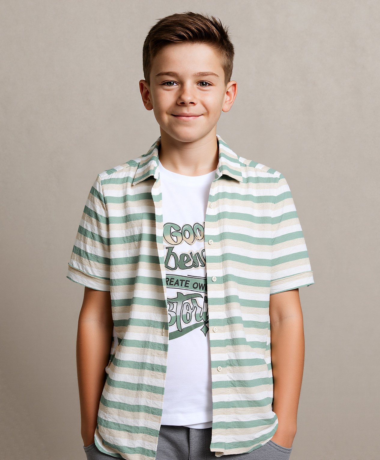 CAVIO Cotton Woven Half Sleeves Striped Shirt & Tee Set - Green-picture-39