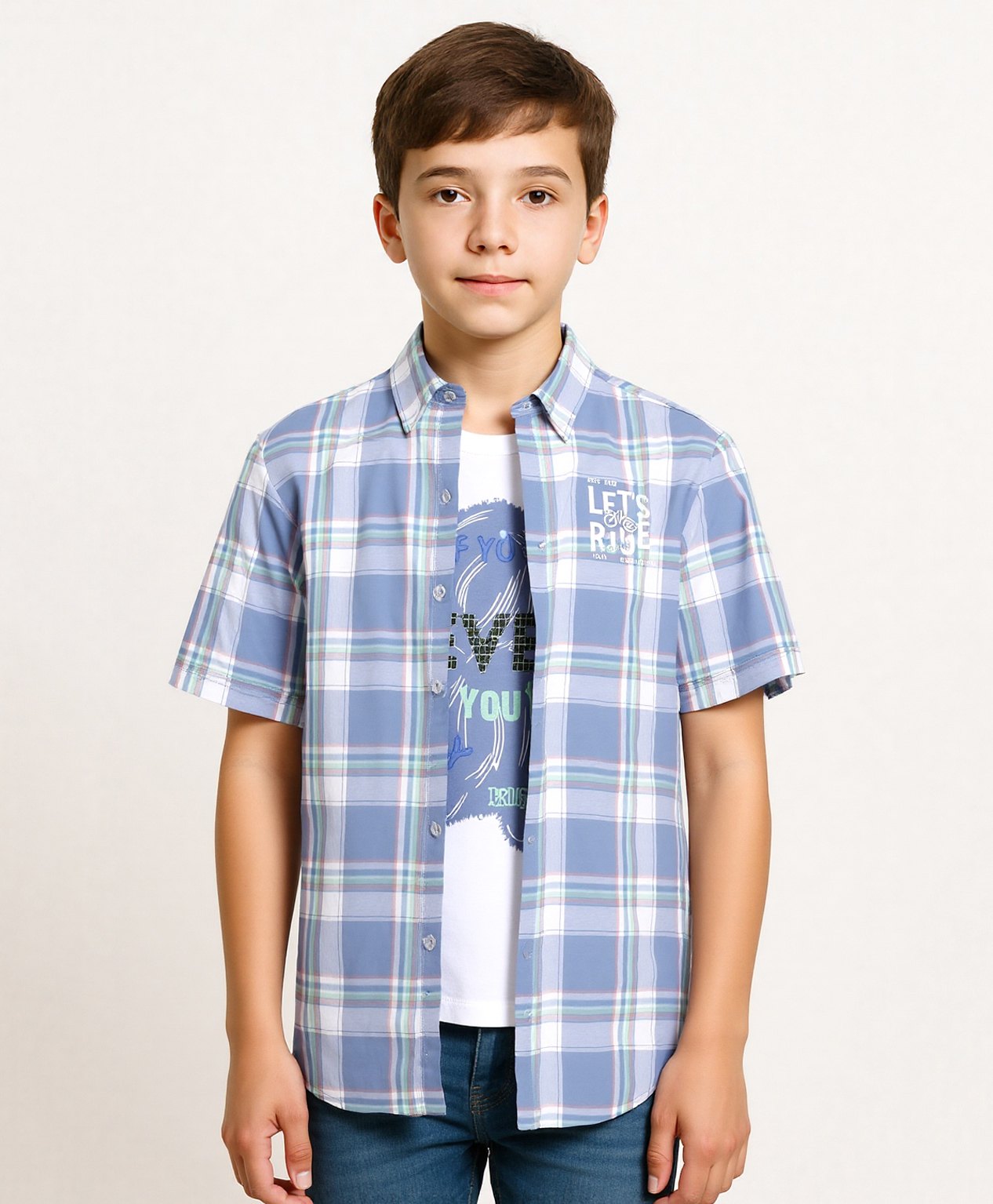 CAVIO Cotton Woven Half Sleeves Checked Shirt & Tee Set - Blue-image-28