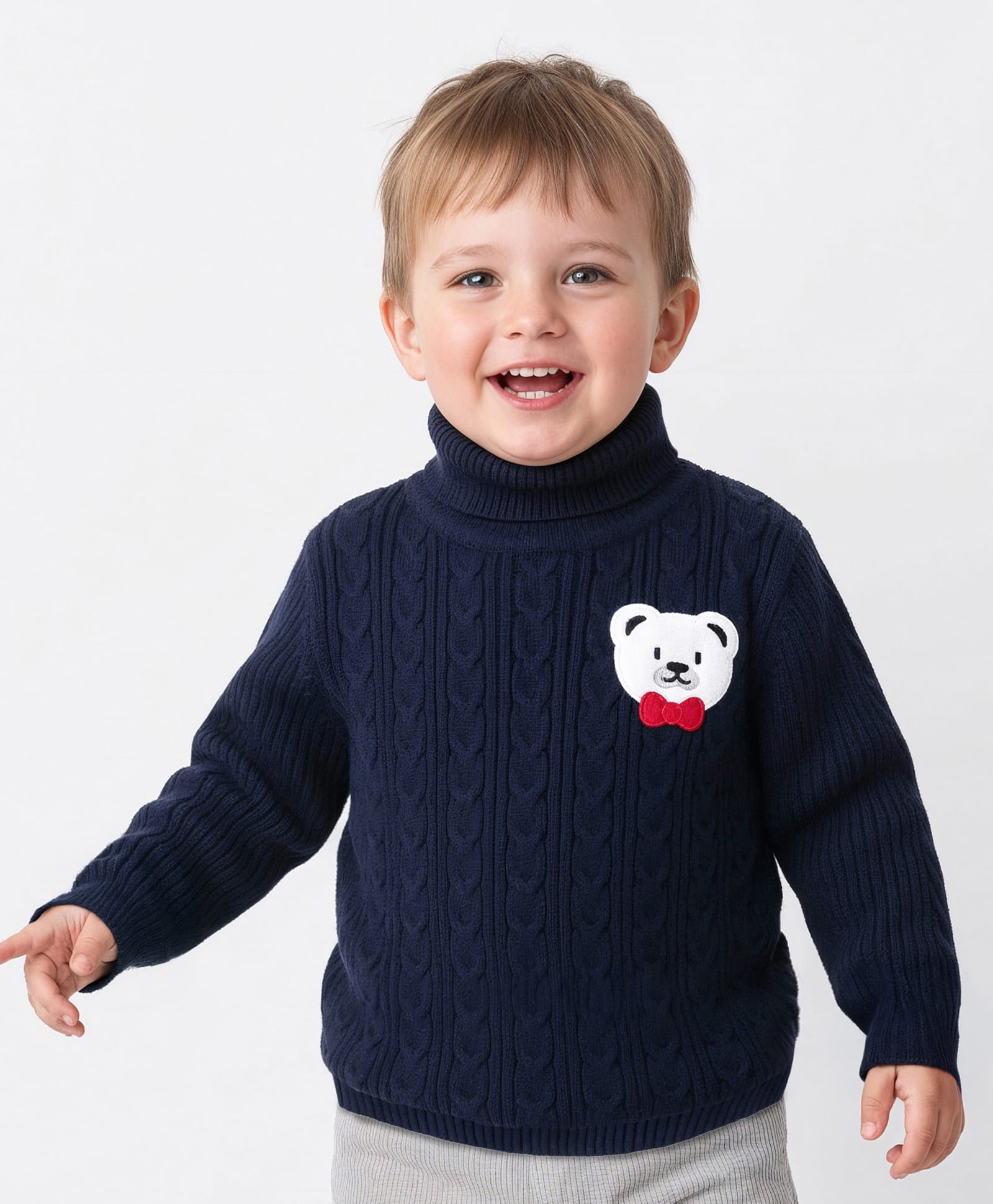 Babyoye 100% Cotton Knit Solid Dyed Full Sleeves Turtle Neck Sweater with Cable Knit Design & Bear Patch Detailing - Navy Blue-image-44