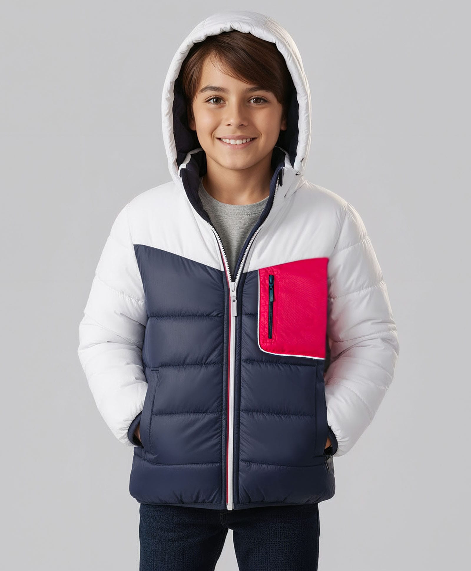 Pine Kids Woven Full Sleeves Solid Color Padded Hooded Winter Jacket - Navy Blue-picture-24