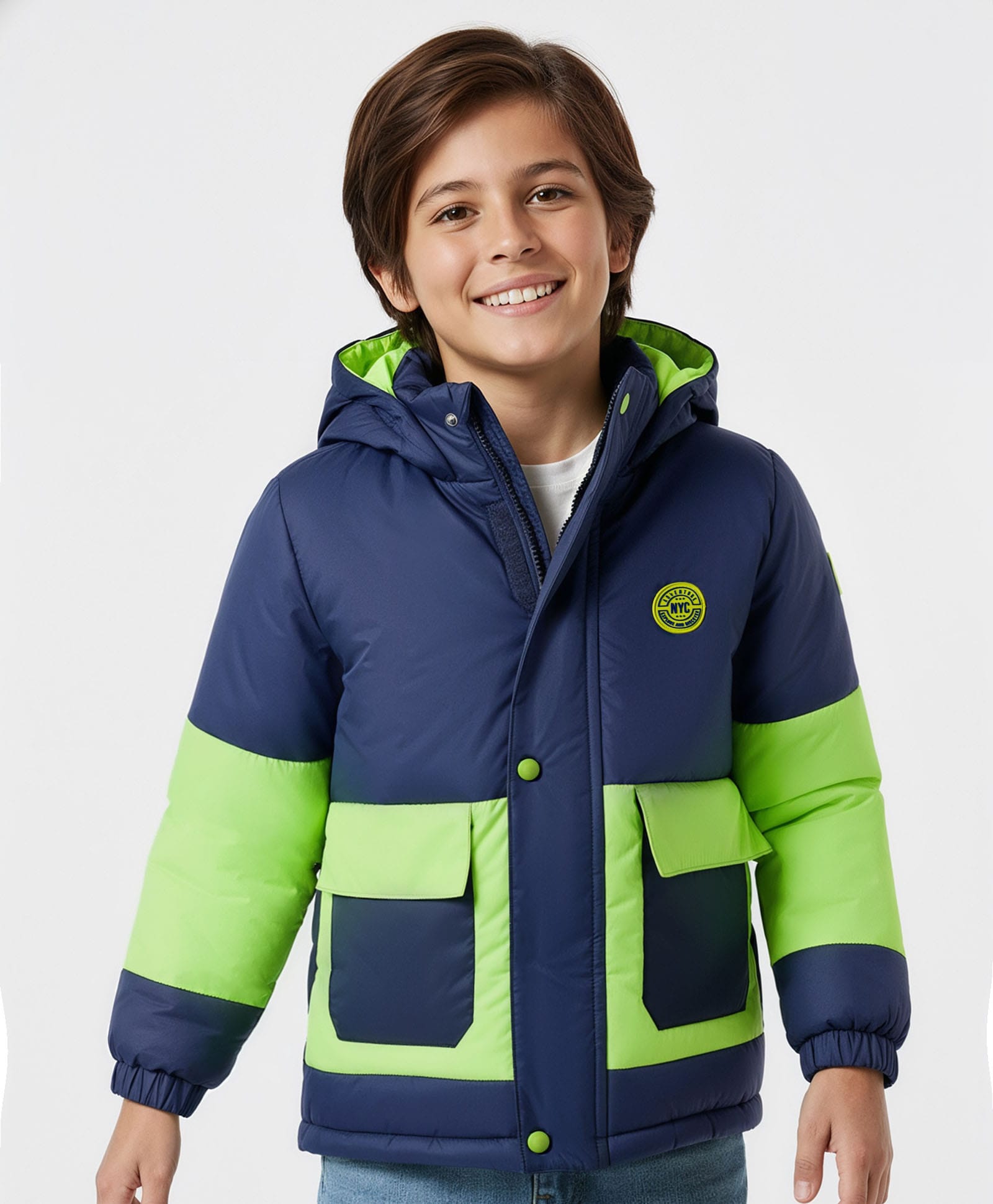 Pine Kids Woven Full Sleeves Solid Hooded Padded Jacket - Navy Blue-picture-26