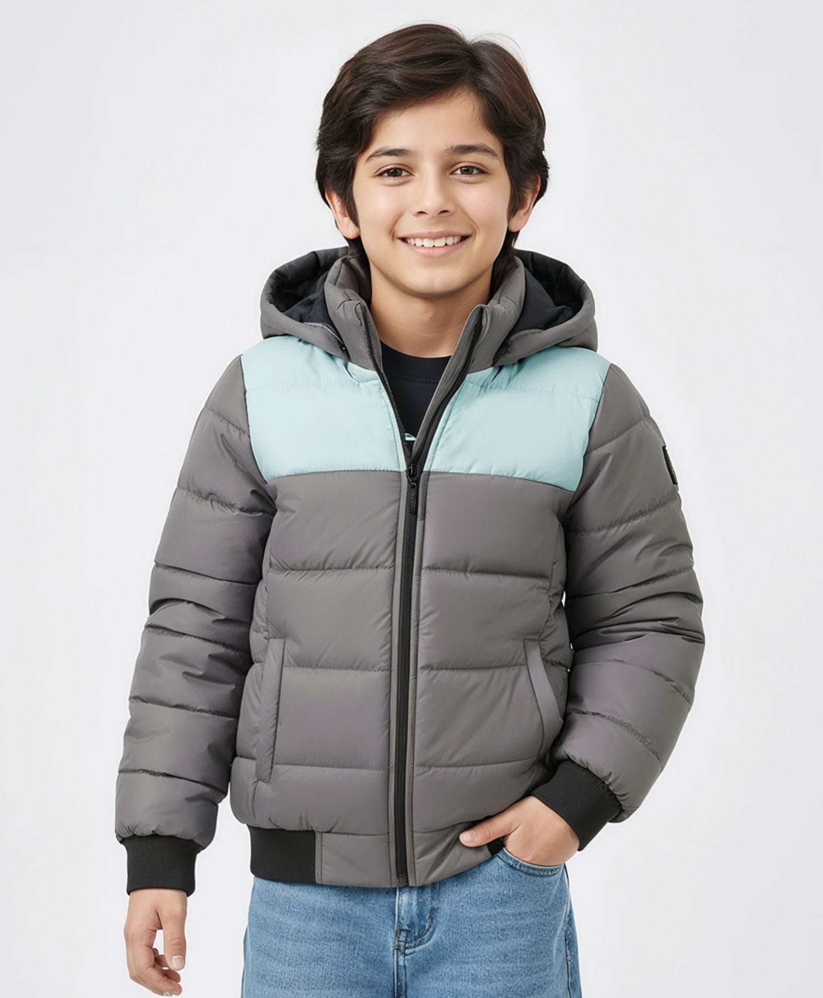 Pine Kids Woven Full Sleeves Hooded Solid Padded Jacket - Grey-picture-29