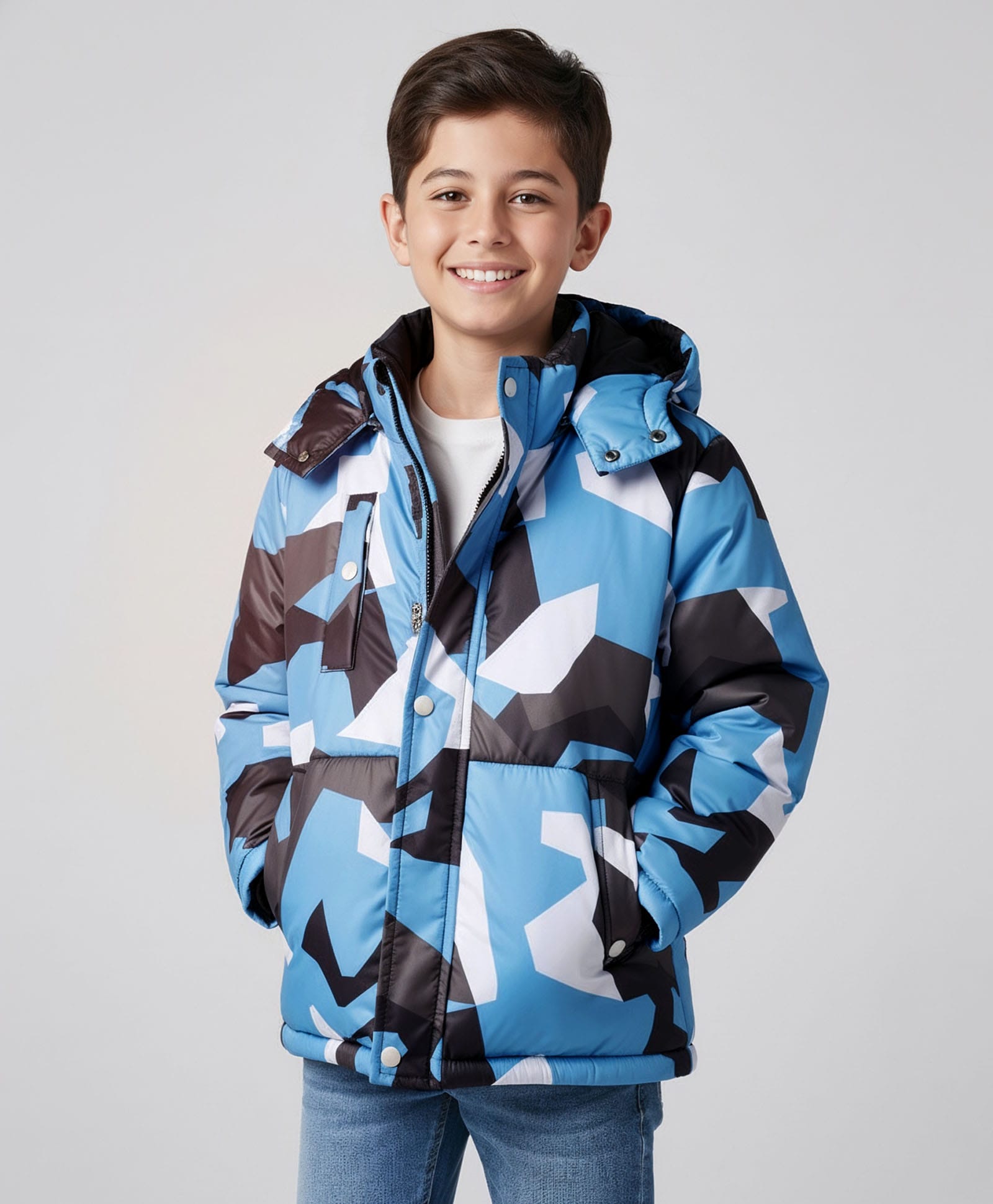 Pine Kids Woven Full Sleeves Hooded Padded Jacket with Camouflage Print - Blue-picture-11