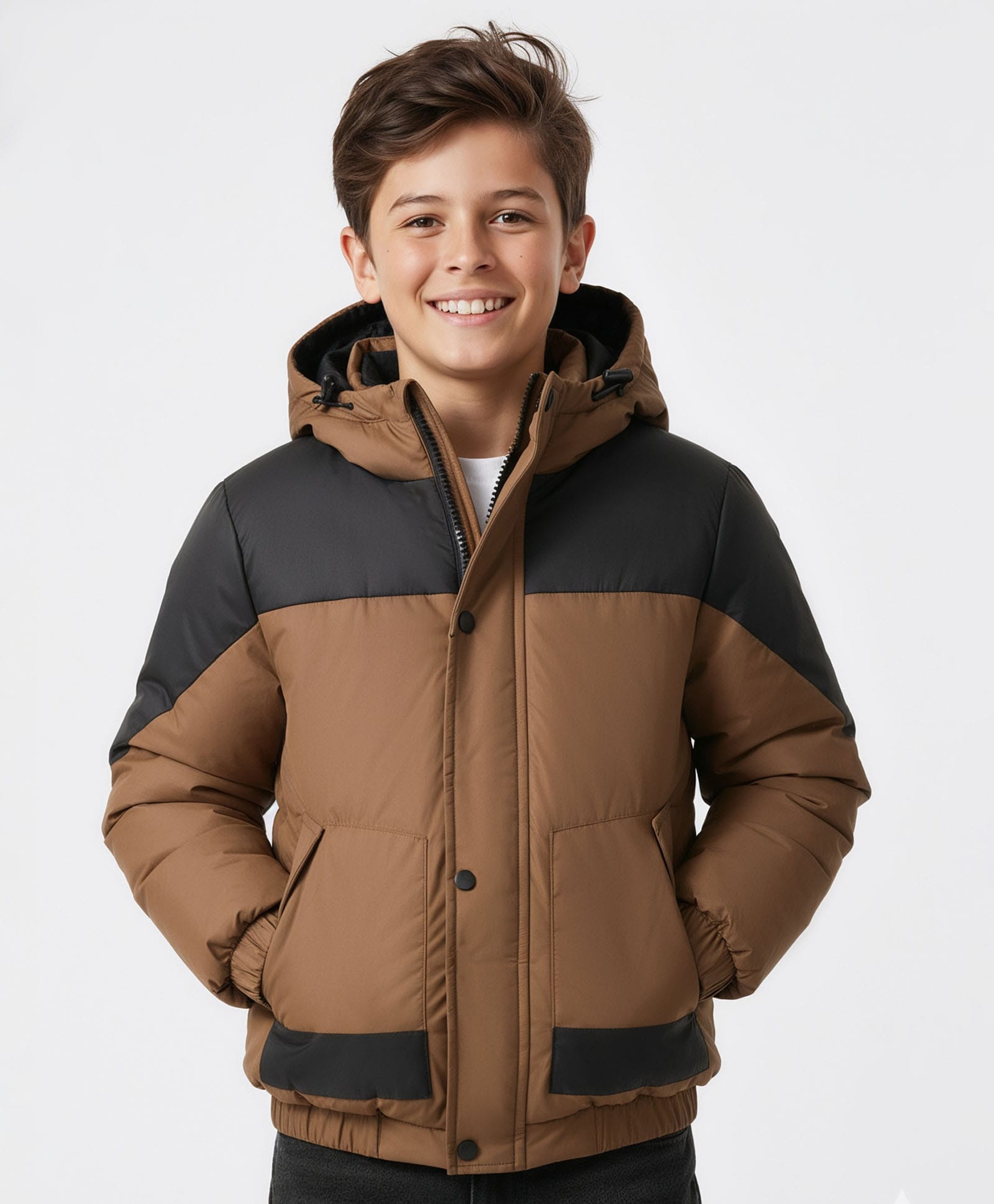 Pine Kids Woven Full Sleeves Solid Hooded Padded Jacket - Brown