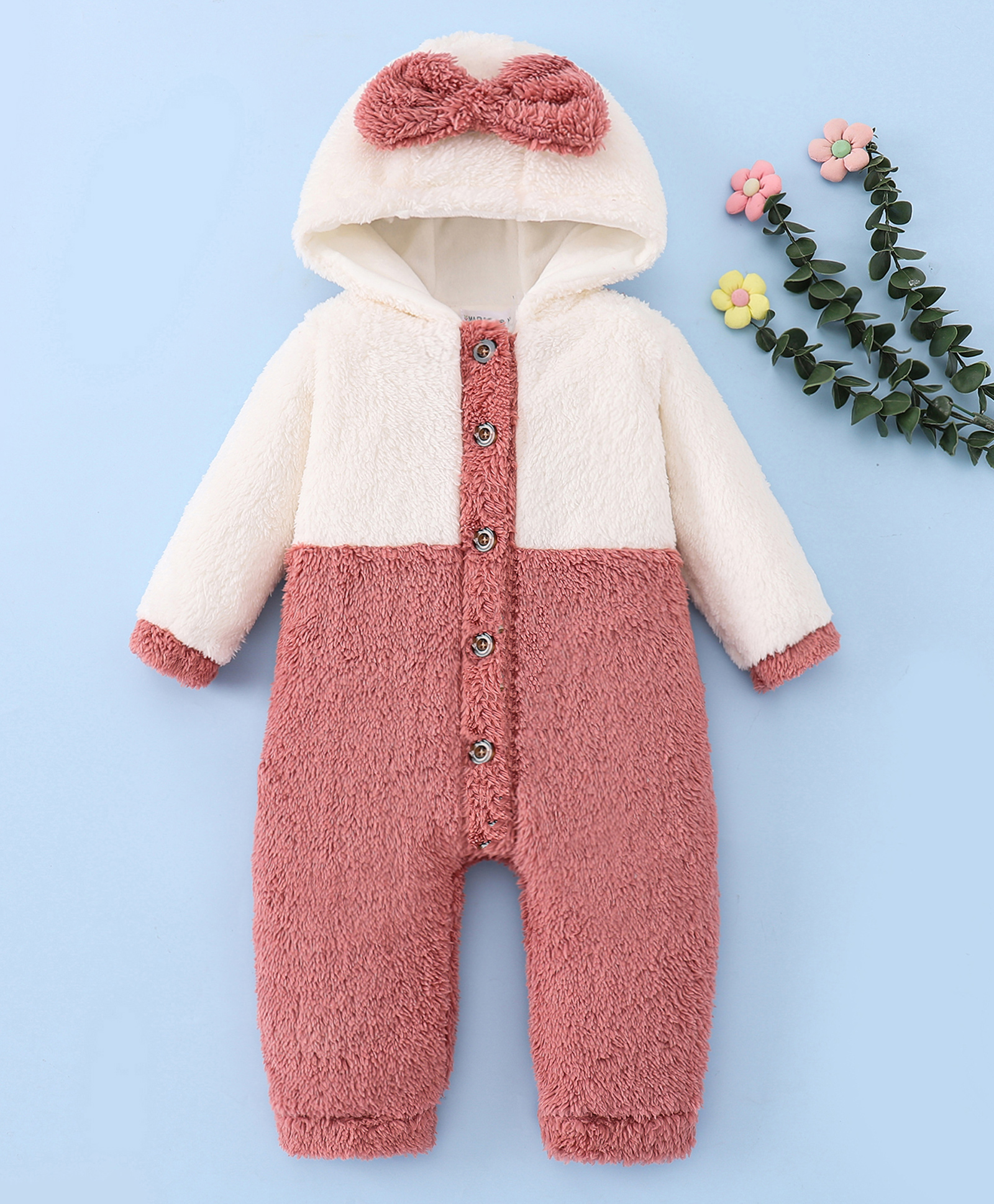 Mark & Mia Full Sleeves Winter Wear Hooded Romper With Bow Applique - White & Pink-image-47