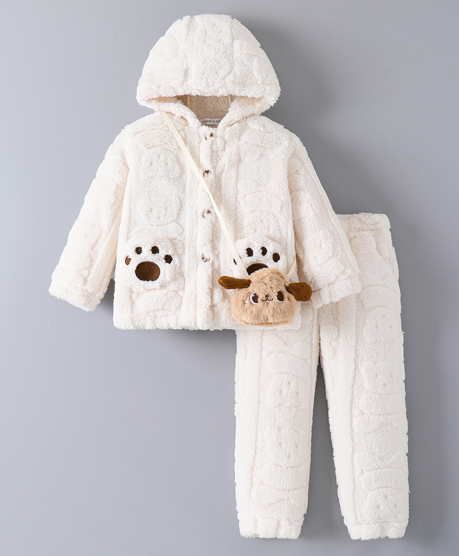 Mark & Mia Full Sleeves Winter Wear Hooded Night Suit With Paw Applique Detailing & Sling Bag - Cream-image-30
