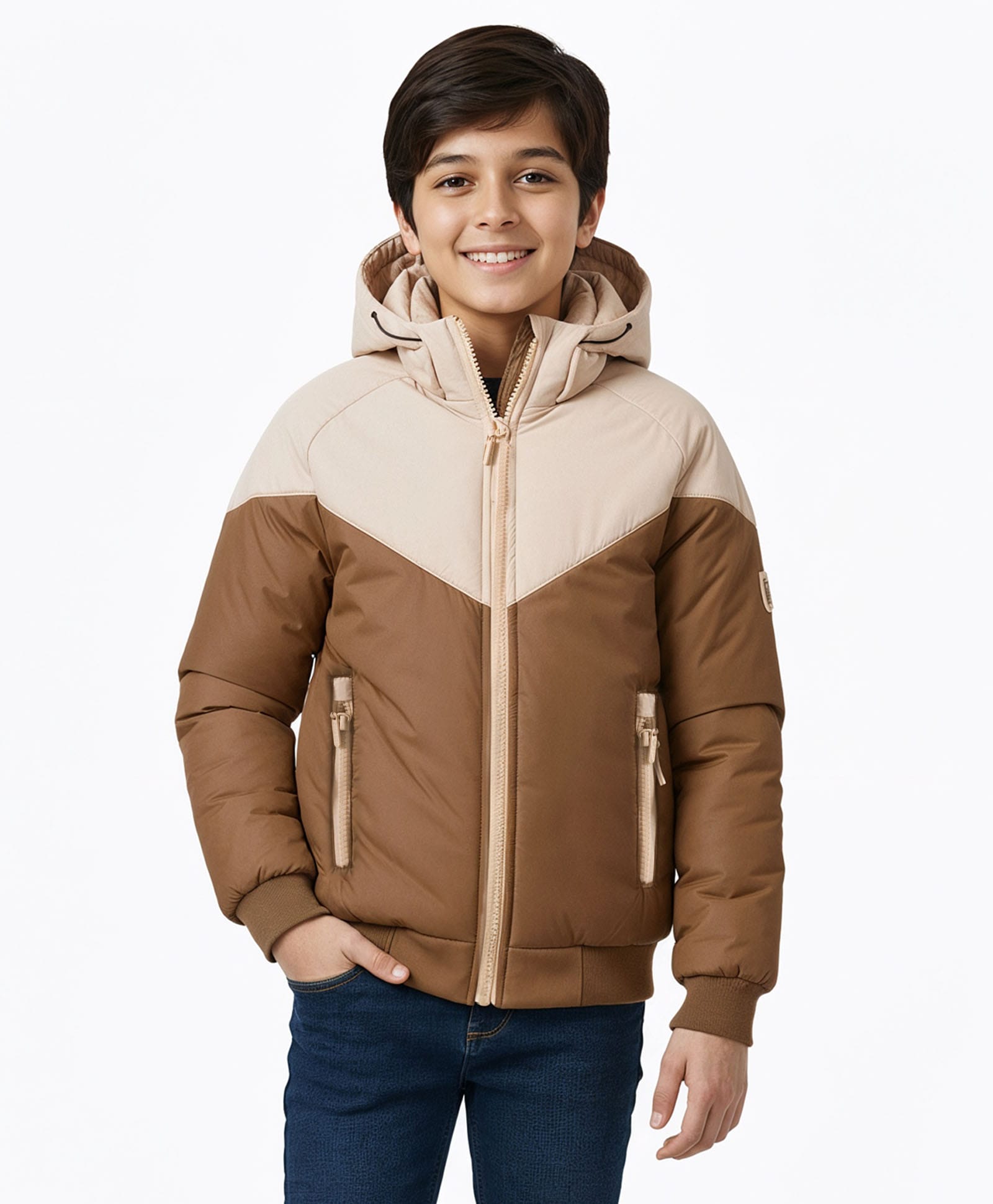 Pine Kids Woven Full Raglan Sleeves Color Block Padded Hoodie - Beige & Tan-image-46