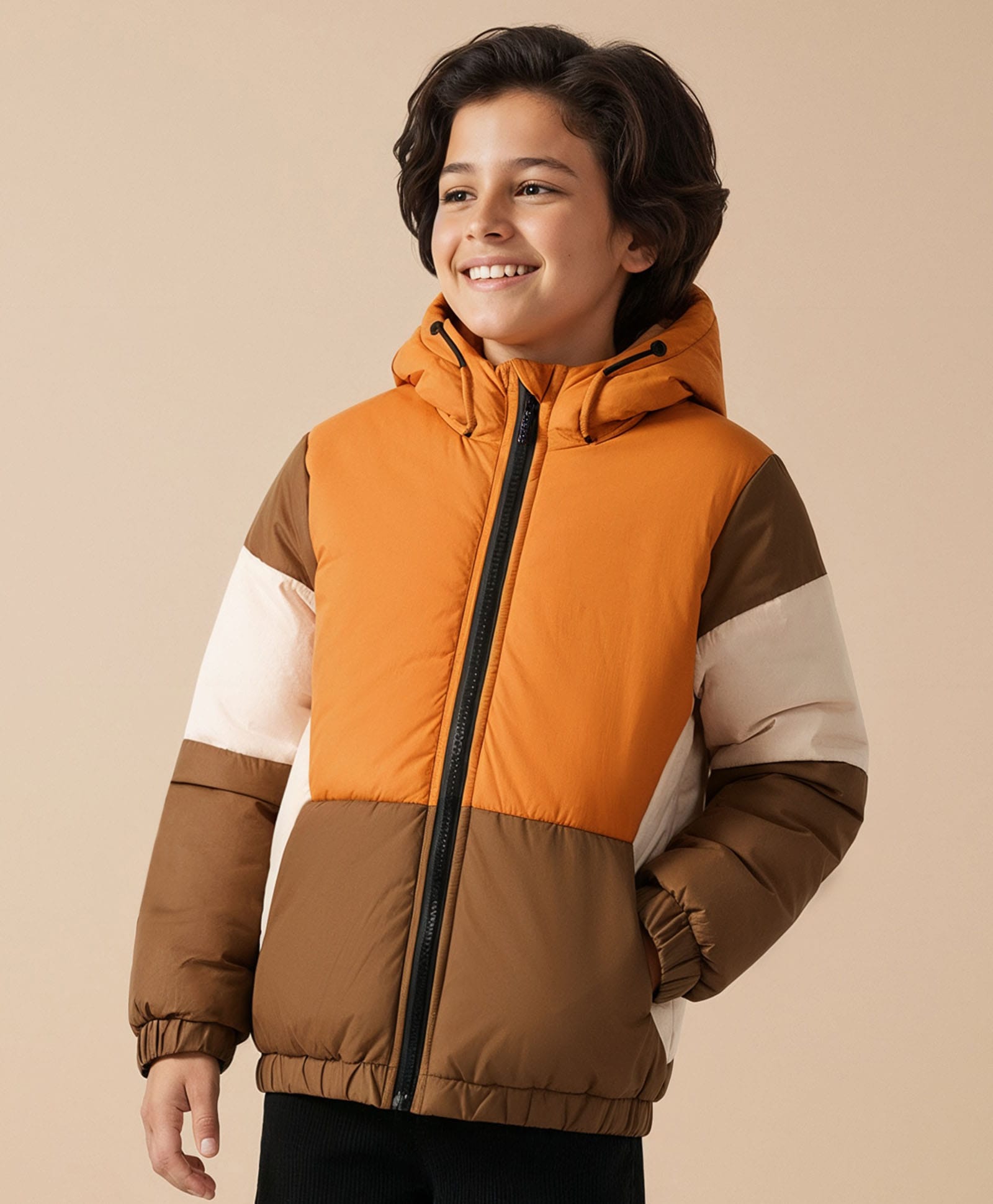 Pine Kids Woven Full Sleeves Hooded Padded Jacket With Color Block Design - Tan-picture-38