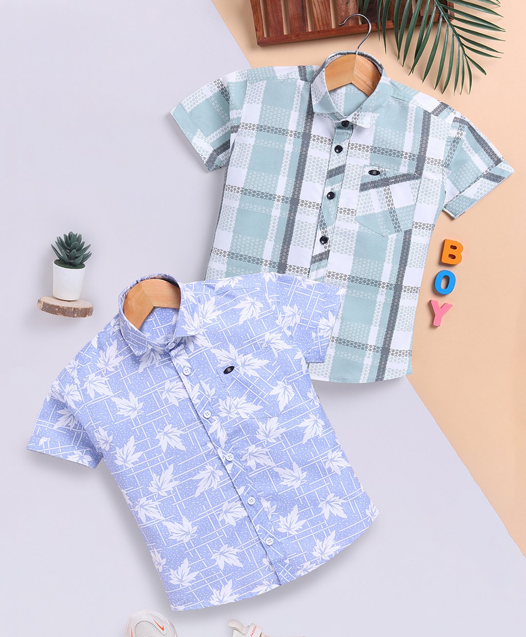 blushh berry Cotton Blend Woven Pack Of 2 Half Sleeves Checked & Leaves Printed Shirts - Blue & Green-image-0