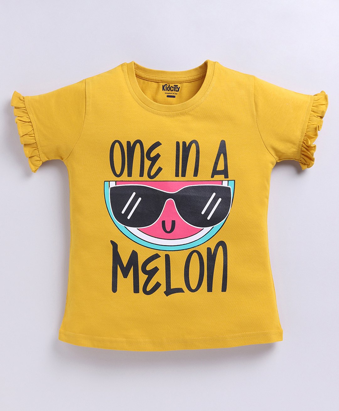 Kidcity Cotton Knit Half Sleeves One In A Melon Text Printed Top - Mustard-picture-20