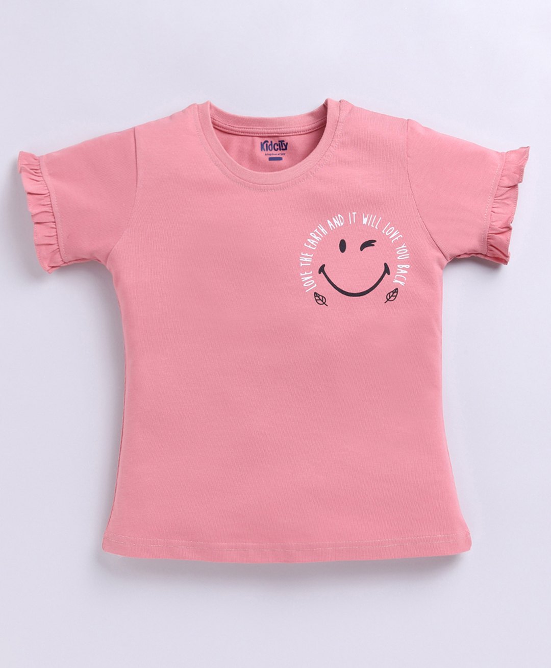 Kidcity Cotton Knit Half Sleeves Simley Printed Top - Peach-picture-17