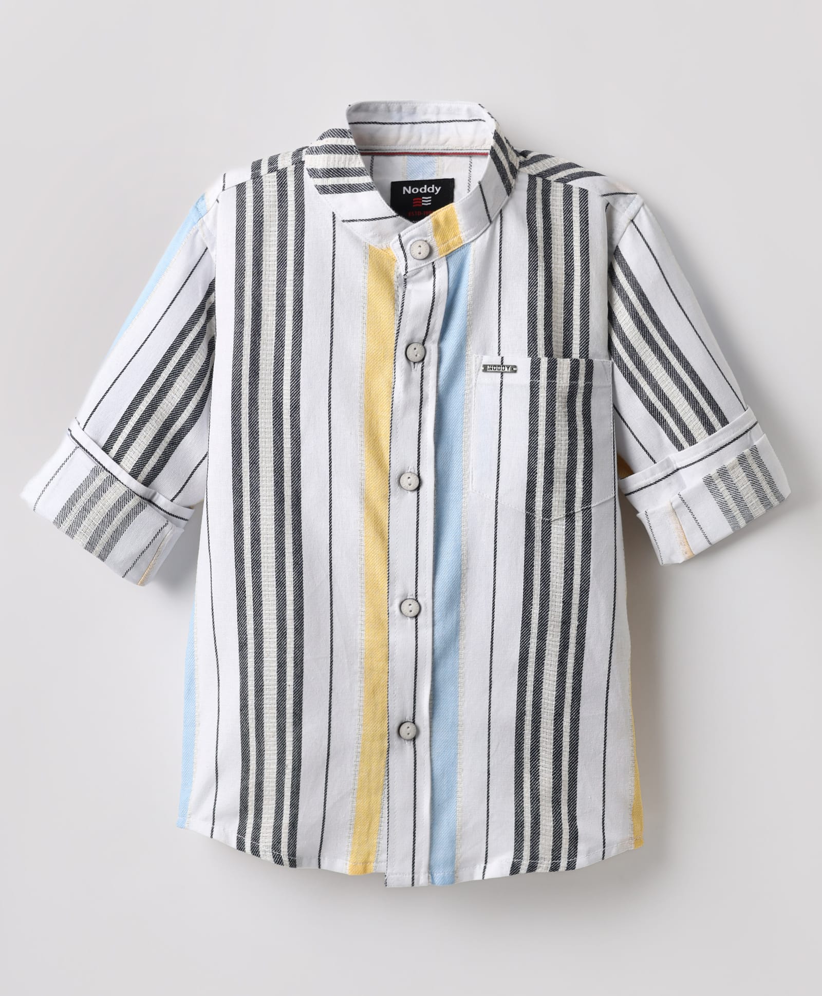 Noddy Full Sleeves Striped Mandarin Collar Shirt - Yellow-picture-11
