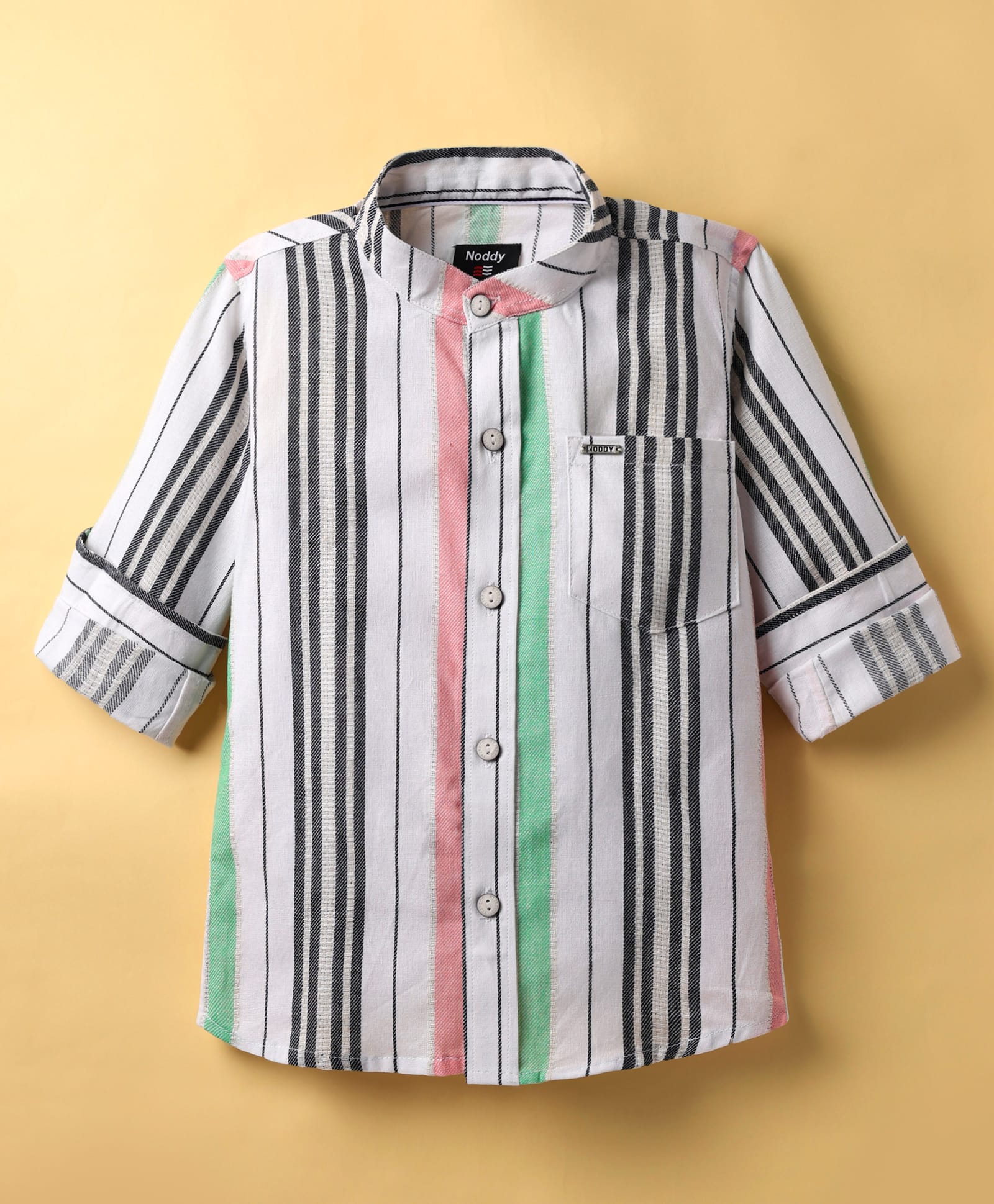 Noddy Full Sleeves Striped Mandarin Collar Shirt - Green-picture-16