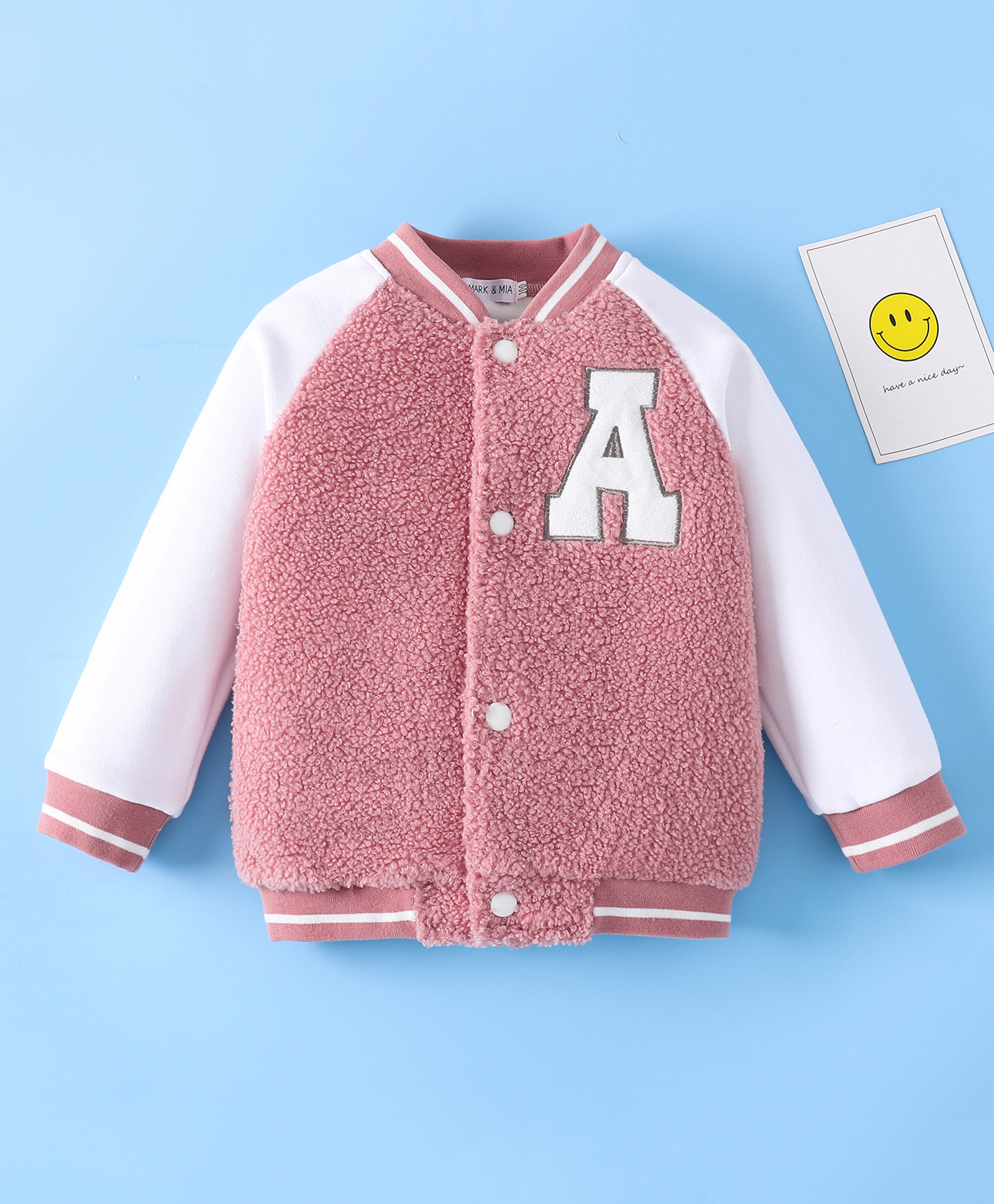 Mark & Mia Full Raglan Sleeves Bomber Jacket With Alphabet Embroidery - Pink & White-picture-38