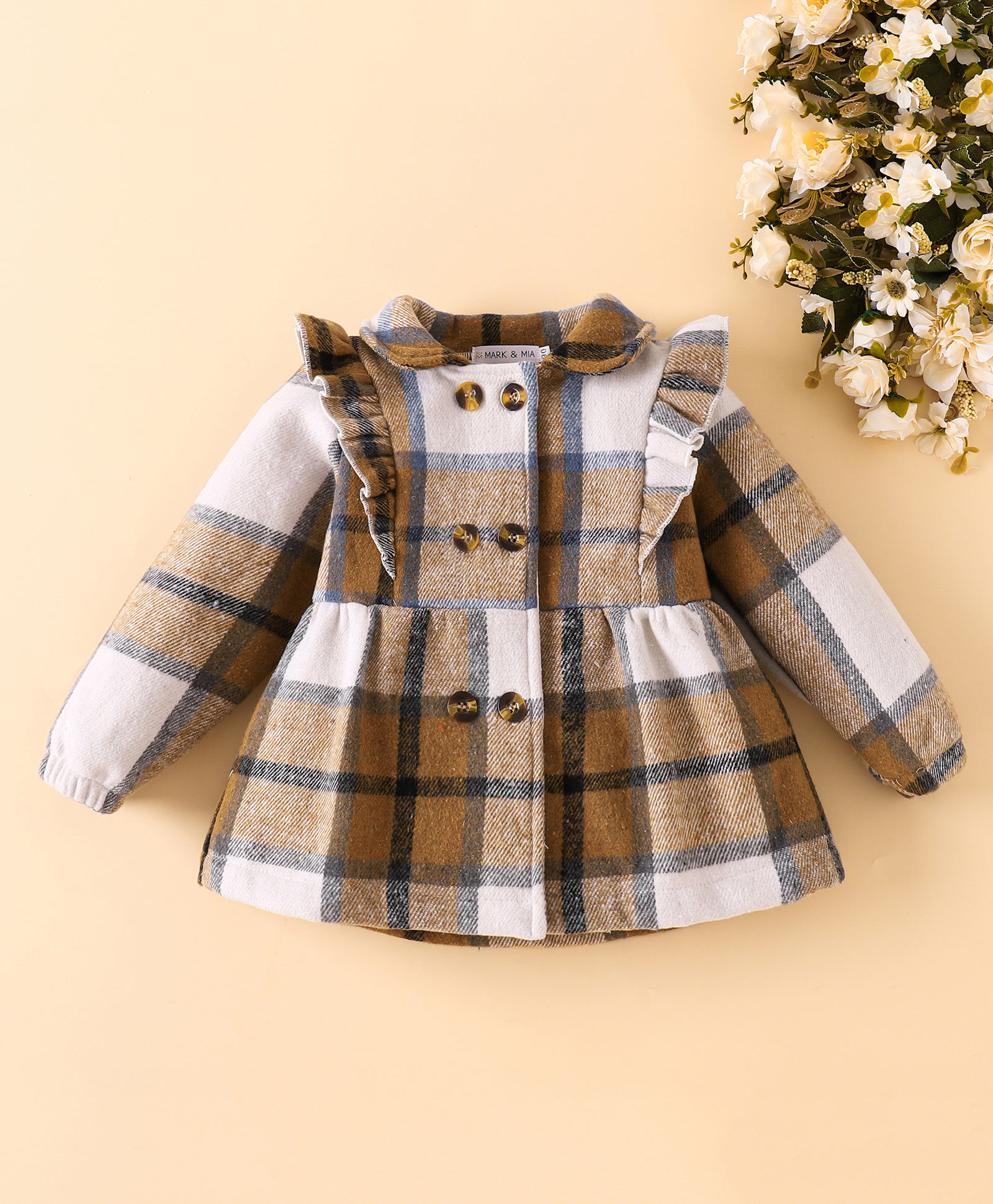 Mark & Mia Full Sleeves Flared Checks Winter Jacket - Brown & White-image-24