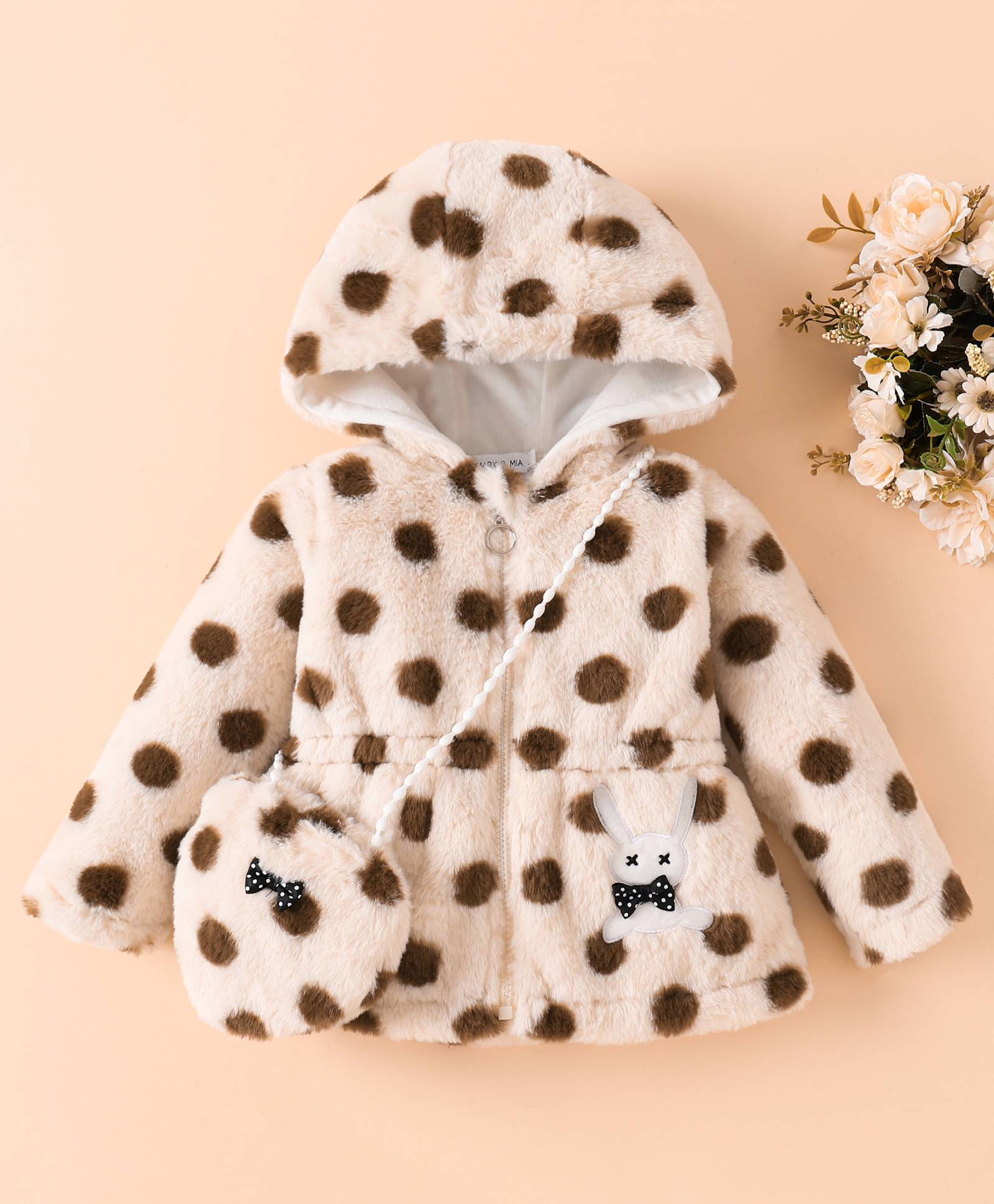Mark & Mia Full Sleeves Fur Hooded Winter Jacket With Polka Dot Print & Fanny Pack - Beige-picture-18