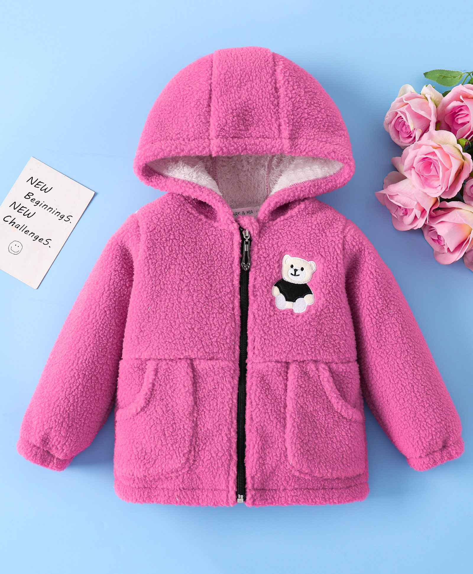 Mark & Mia Full Sleeves Fur Hooded Winter Jacket With Teddy Bear Embroidery - Fuchsia-picture-25