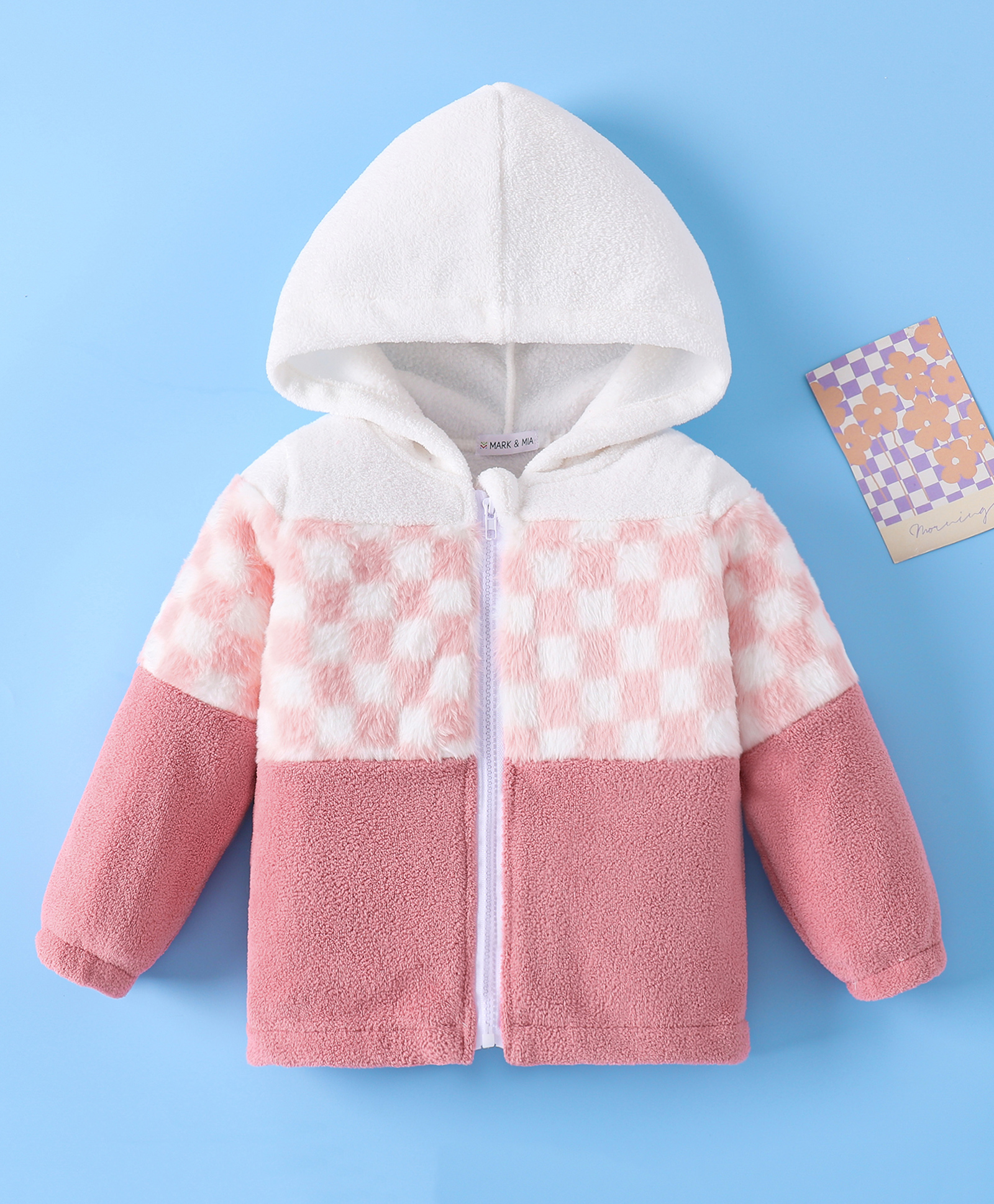 Mark & Mia Full Sleeves Fur Checks Hooded Winter Jacket - Pink & White-image-9