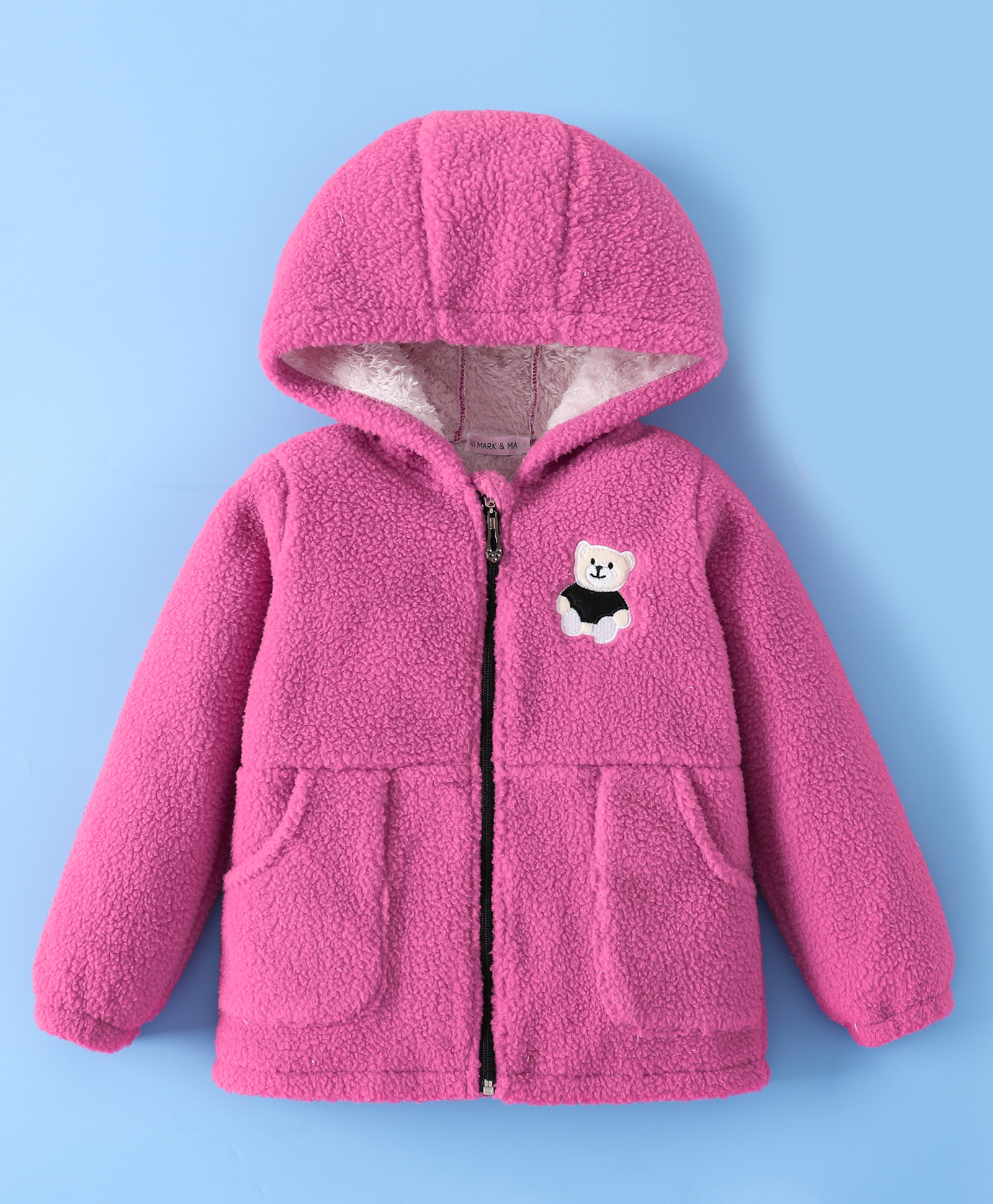 Mark & Mia Full Sleeves Fur Hooded Winter Jacket With Teddy Bear Embroidery - Fuchsia-picture-19