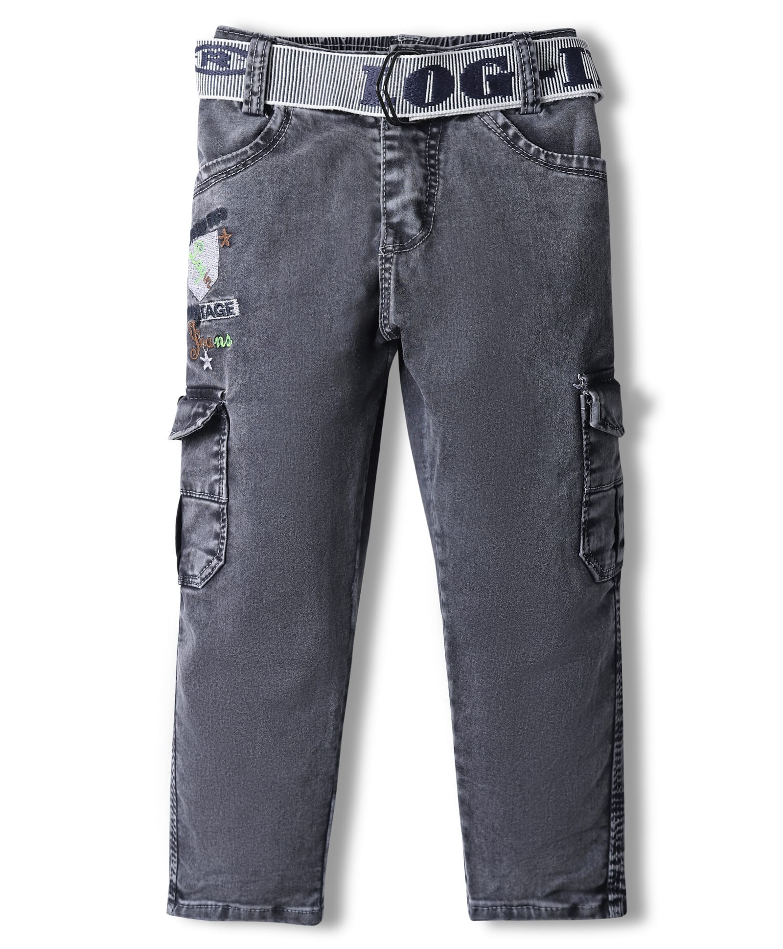 Rikidoos Denim Woven Star Embroidered Jeans With Belt - Blue & Grey-image-16