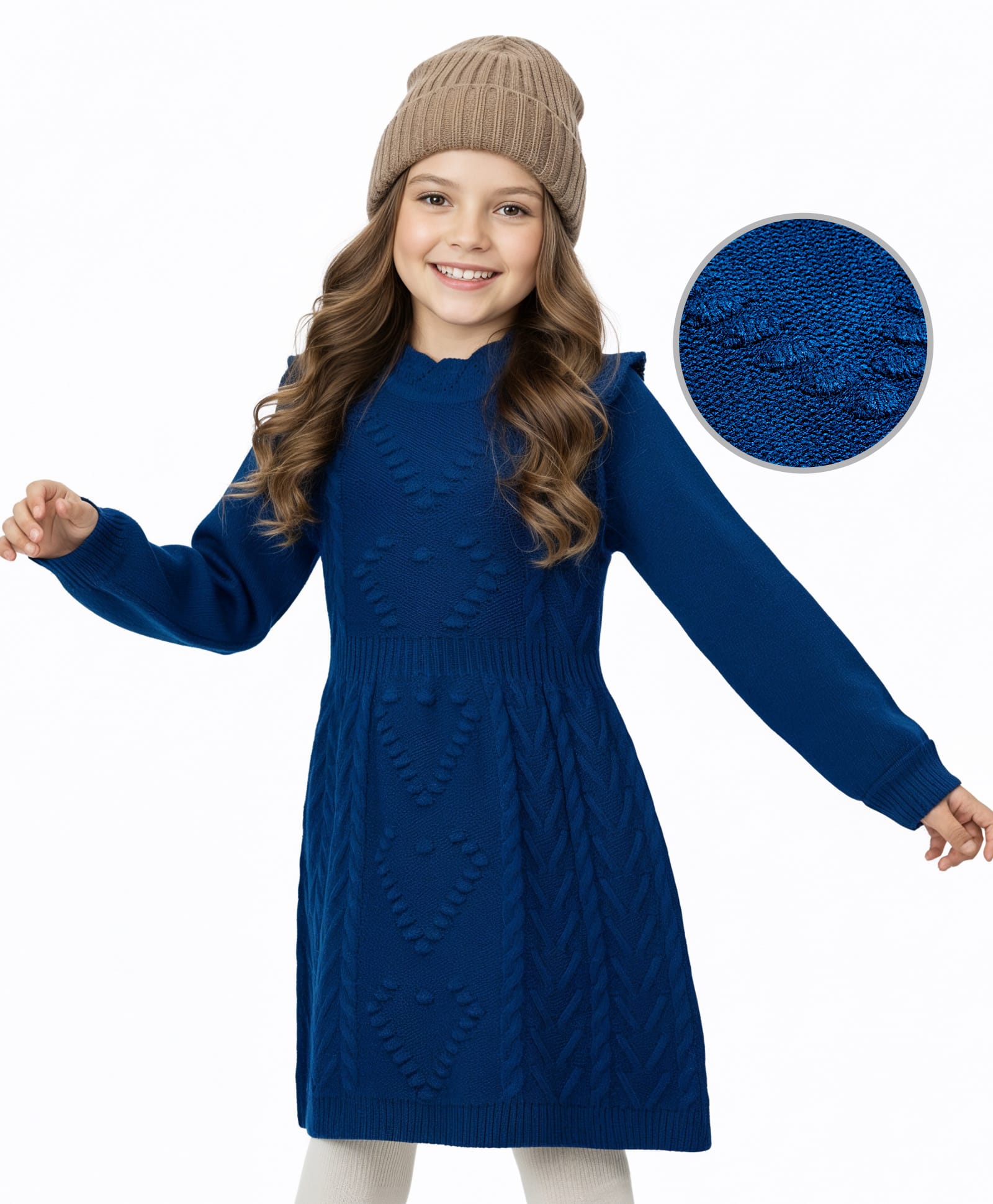 Hola Bonita Knit Full Sleeves Pullover Woollen Dress with Cable Knit Design - Teal Blue-picture-12