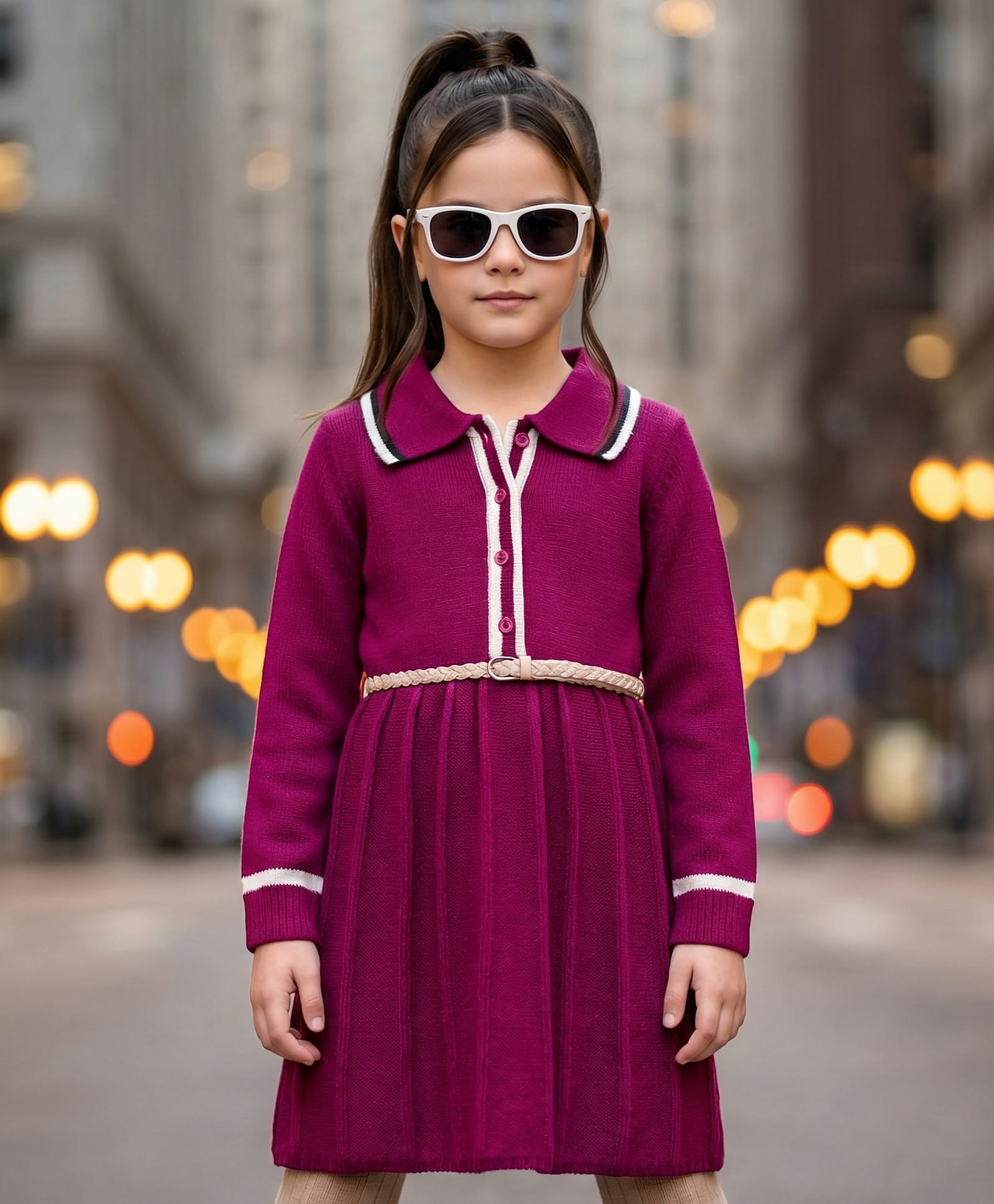 Hola Bonita Knitted Full Sleeves Textured Fabric Sweater Dress With Belt - Plum-image-20