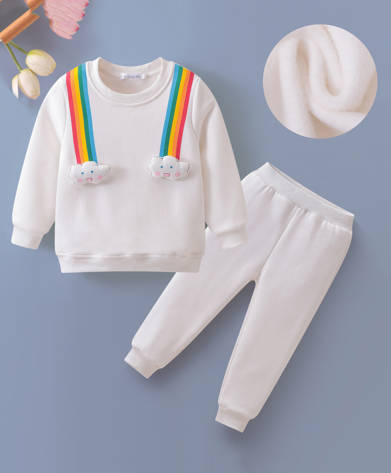 Mark & Mia Full Sleeves Winter Wear T-Shirt & Lounge Pant Set With Cloud Applique & Rainbow Print - White-image-30