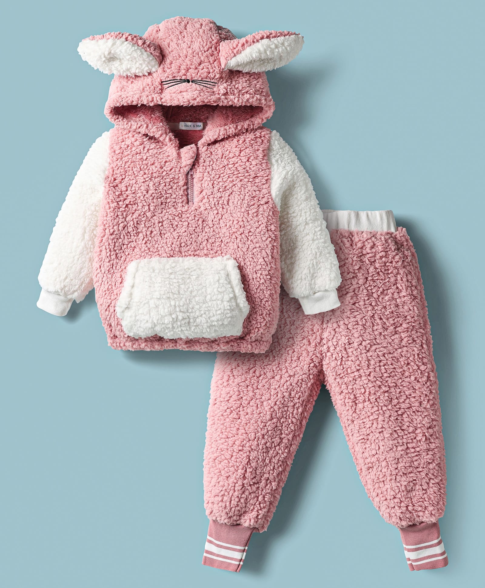 Mark & Mia Full Sleeves Winter Wear Fur Hooded Sweatshirt & Lounge Pant Set With Ear Applique & Kangaroo Pockets - Dark Pink & White-image-34