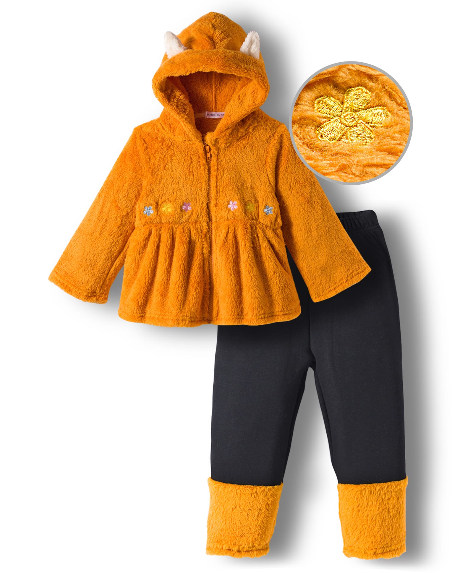 Mark & Mia Full Sleeves Hooded Winter Wear Suit Set With Floral Embroidery & Ear Applique - Light Brown & Black-image-37