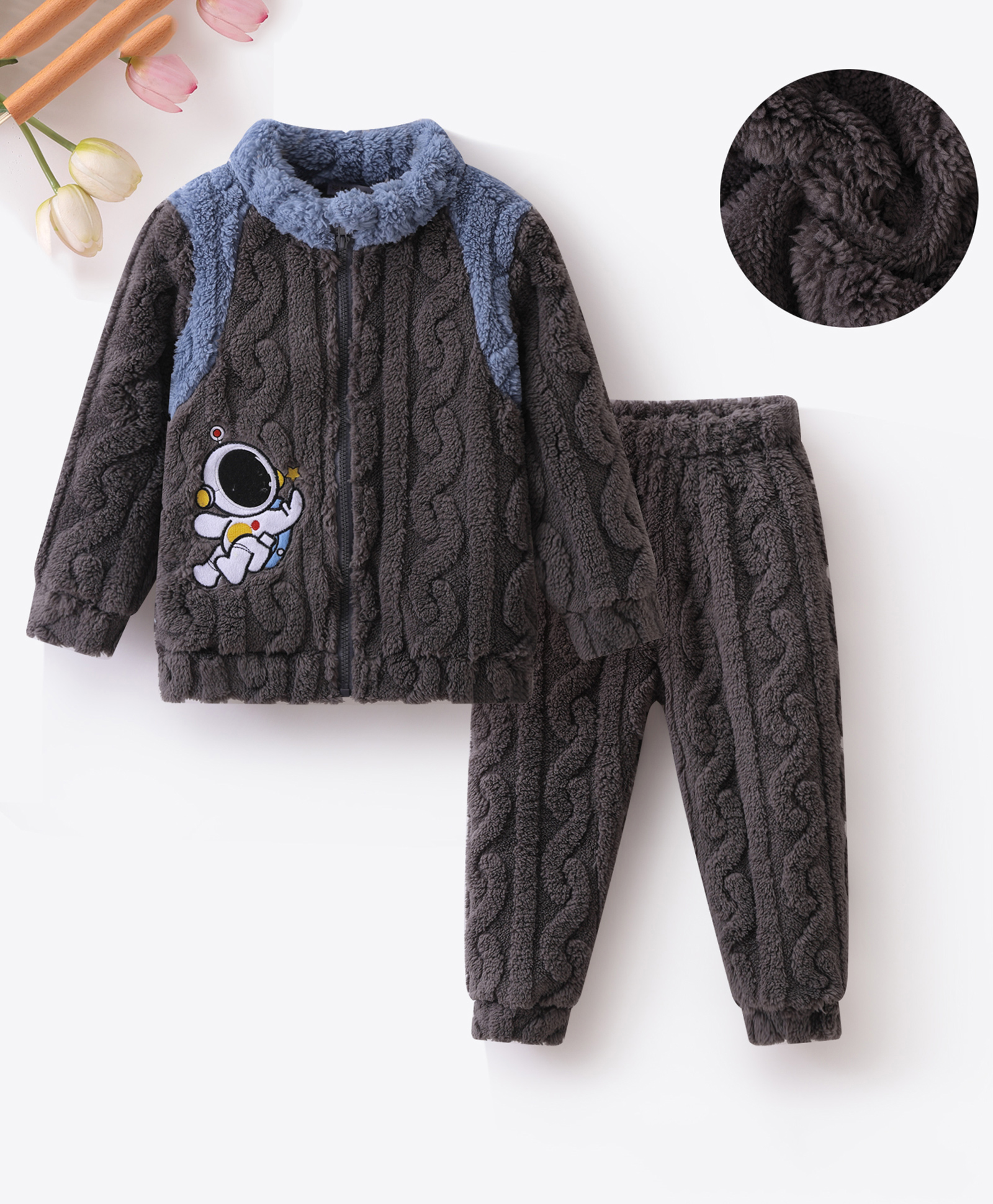 Mark & Mia Full Sleeves Winter Wear SweatJacket & Lounge Pant Set with Cable Knit Design & Astronaut Patch Detailing - Charcoal Grey-image-16