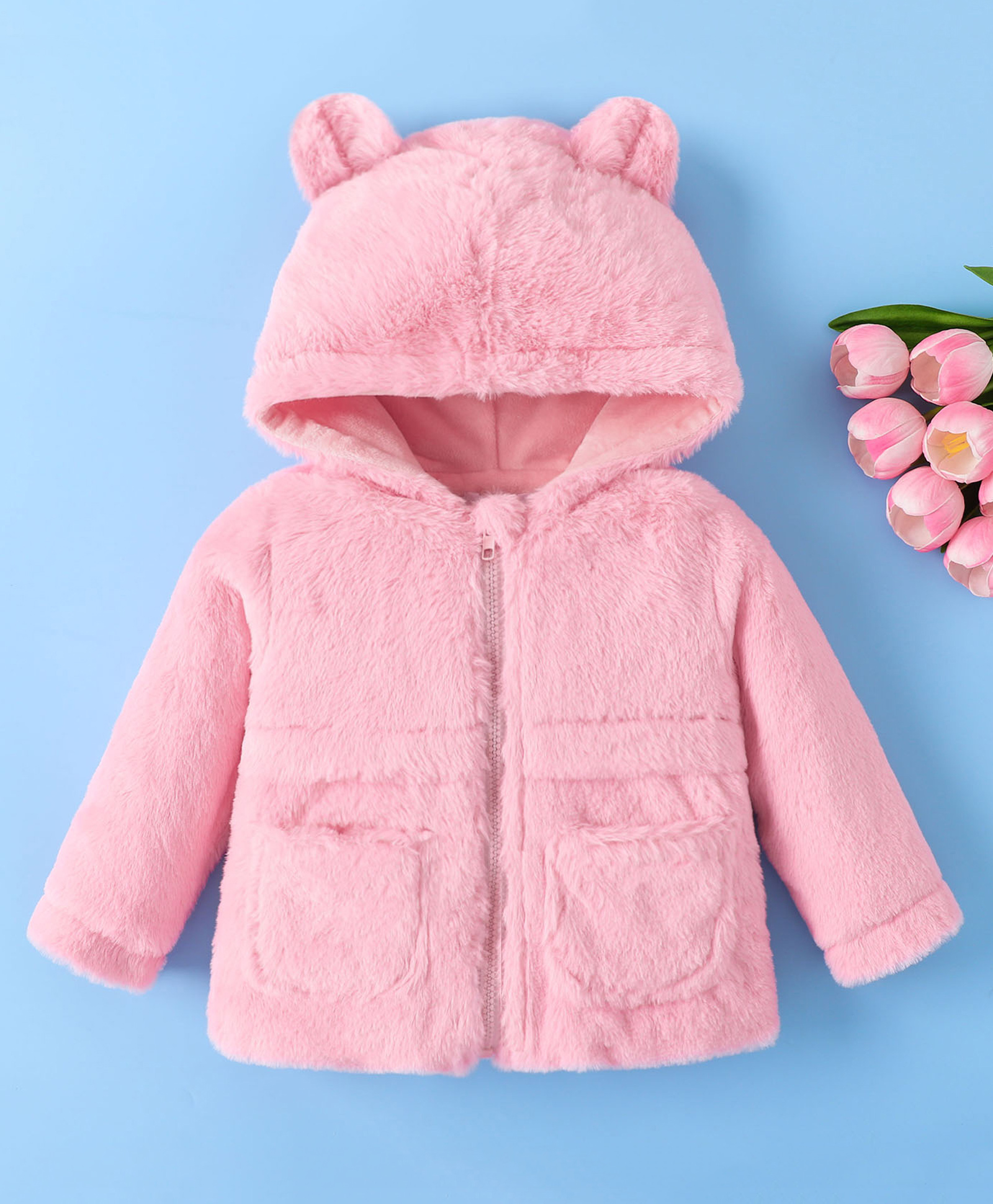 Mark & Mia Full Sleeves Fur Solid Hooded Winter Jacket With Ear Applique - Pink-picture-37