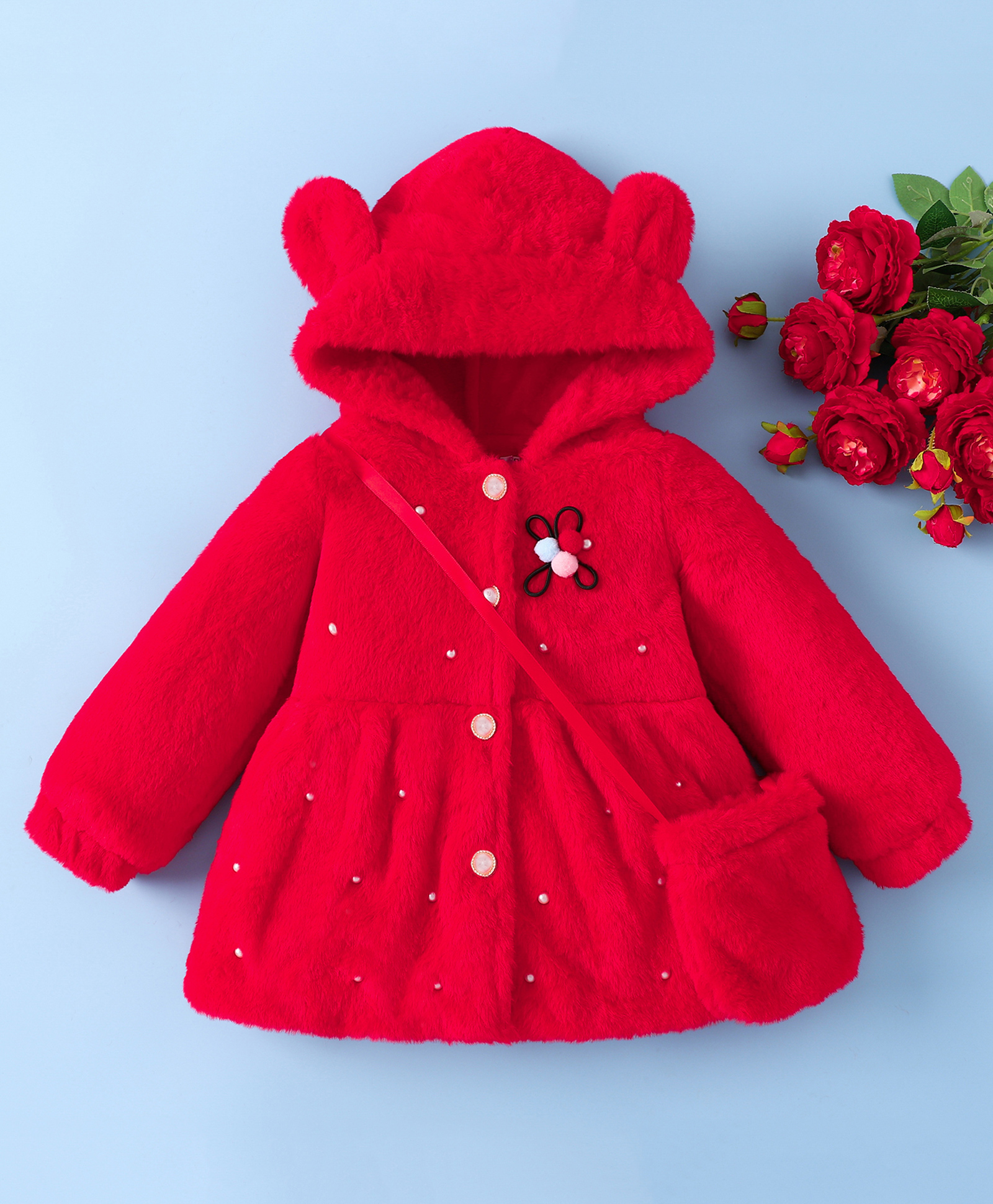 Mark & Mia Full Sleeves Hooded Fur Winter Jacket With Sling Bag & Ears Applique - Red-picture-20