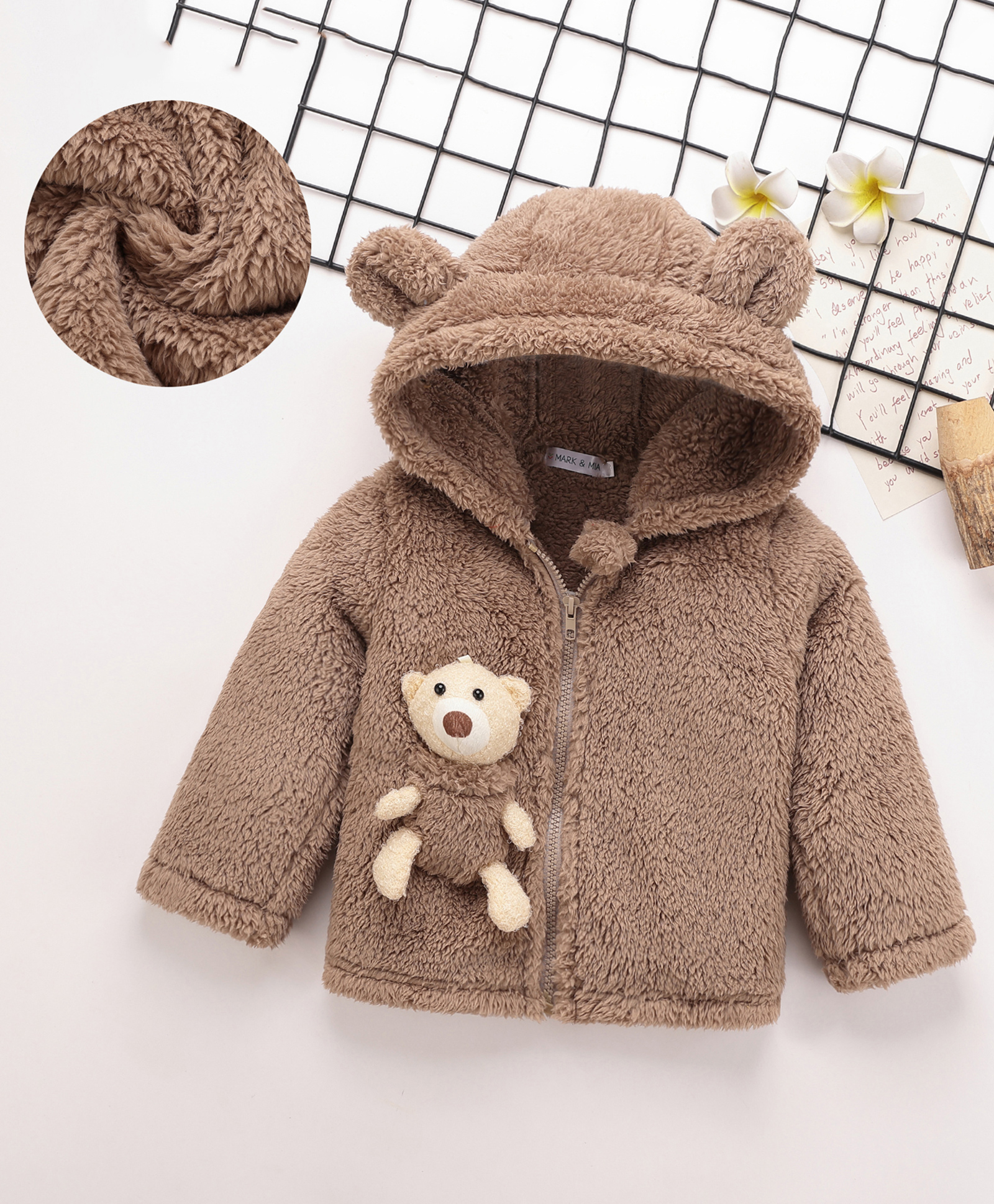 Mark & Mia Full Sleeves Hooded Fur Winter Jacket With Teddy Bear Applique - Brown-picture-11