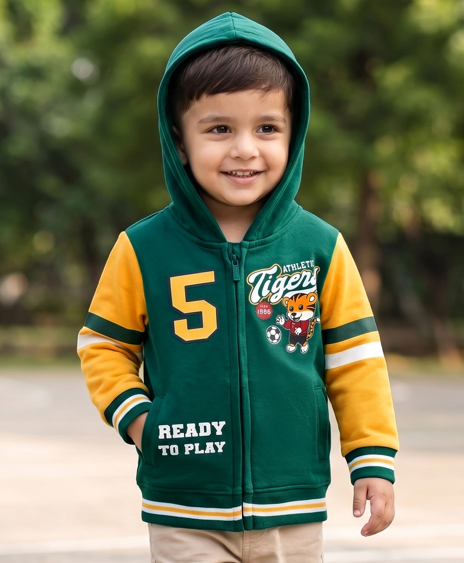 Babyhug Cotton Knit Full Sleeves Front Open Hooded Sweatshirts with Kangaroo Pockets & Athletic Tigers Text Print - Dark Green-image-8