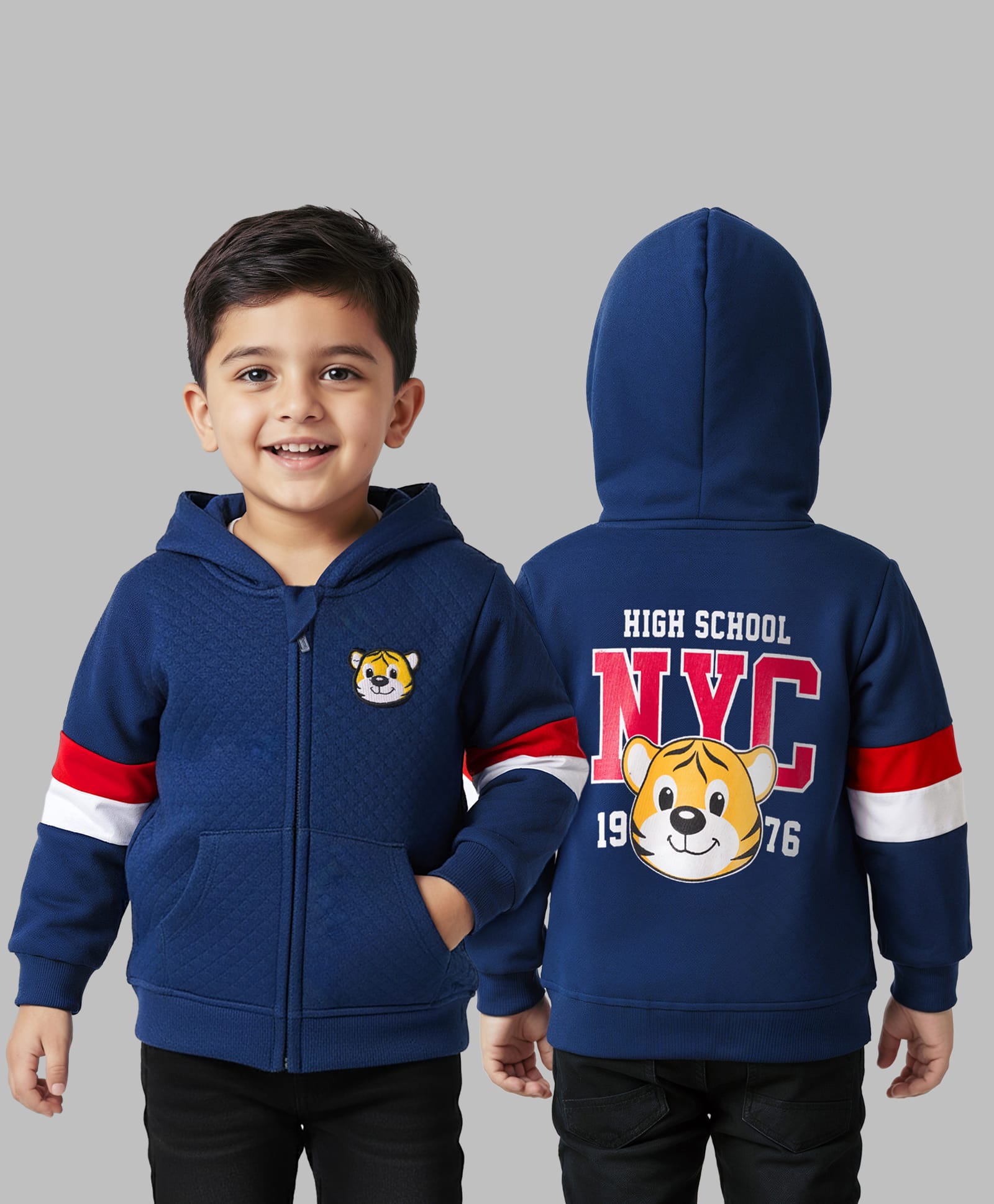 Babyhug Cotton Knit Full Sleeves Hooded Sweatjacket With Front & Back Lion Graphics & Kangaroo Pockets - Navy Blue-image-49