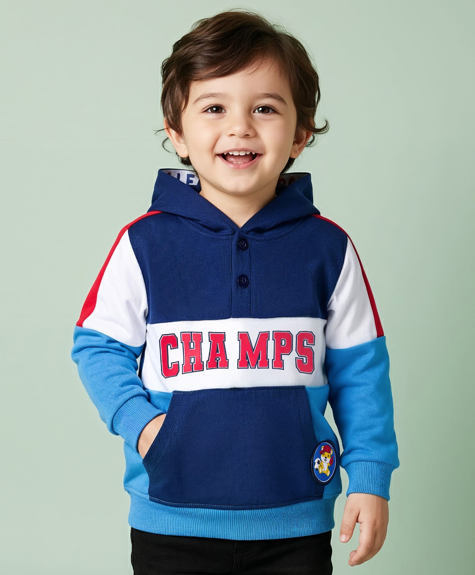 Babyhug Cotton Knit Full Sleeves Cut & Sew Pullover Hooded Sweatshirt with Text Graphic & Kangaroo Pocket - Multicolor-image-32