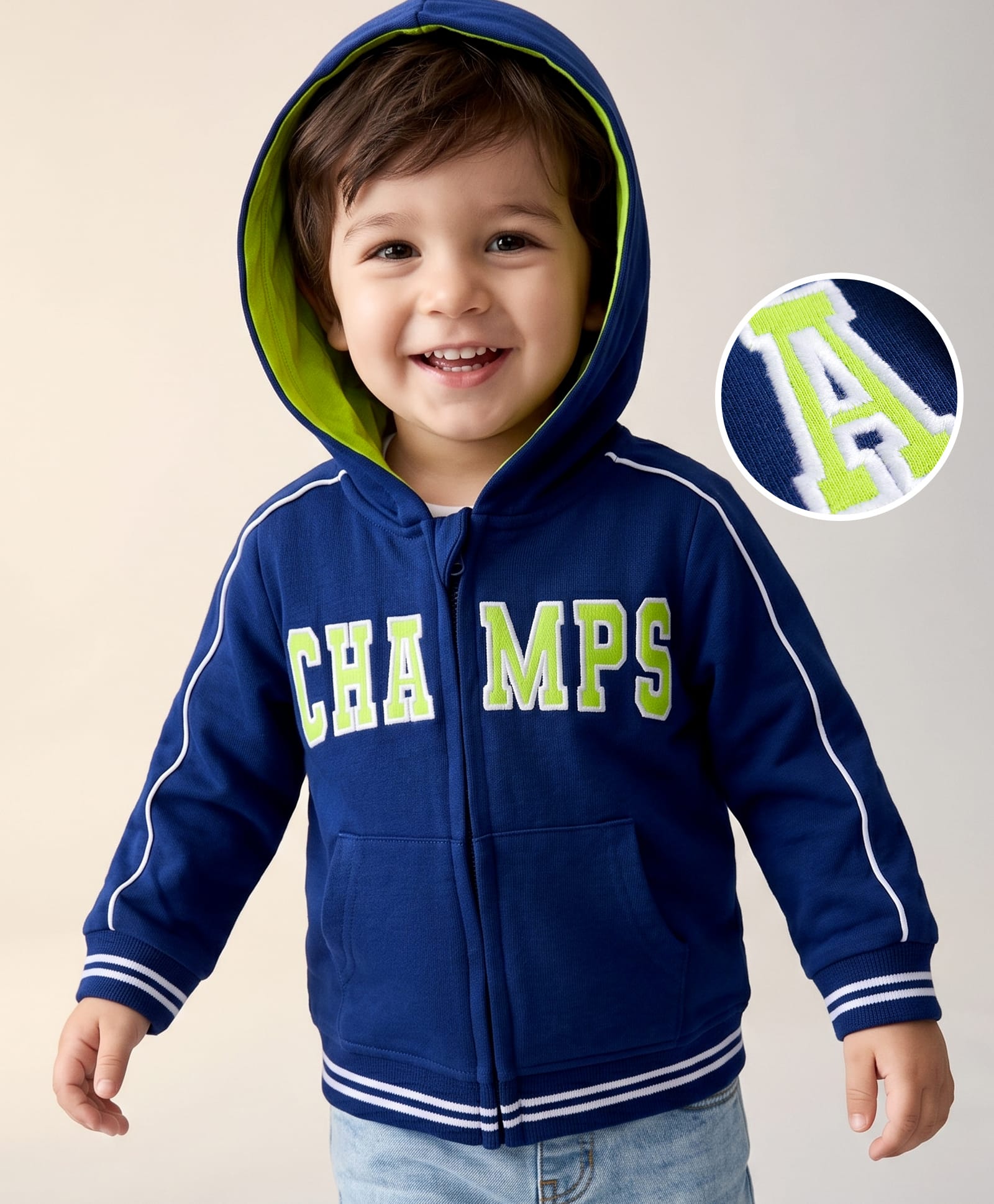 Babyhug Cotton Knit Full Sleeves Hooded Sweatjacket With Champs Embroidery & Kangaroo Pockets - Navy Blue-image-47