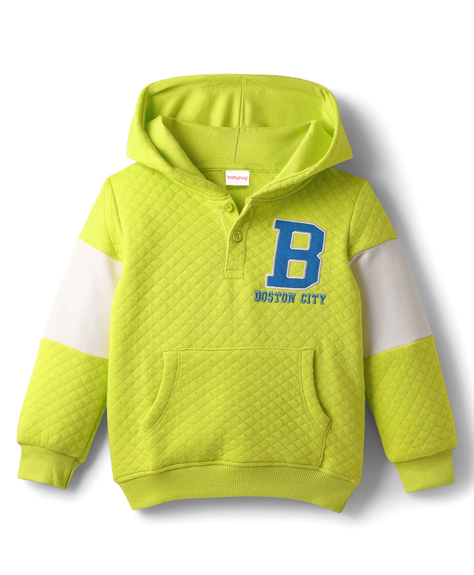 Babyhug Cotton Knit Full Sleeves Hooded Sweatshirt With Boston Embroidery & Kangaroo Pockets - Light Green