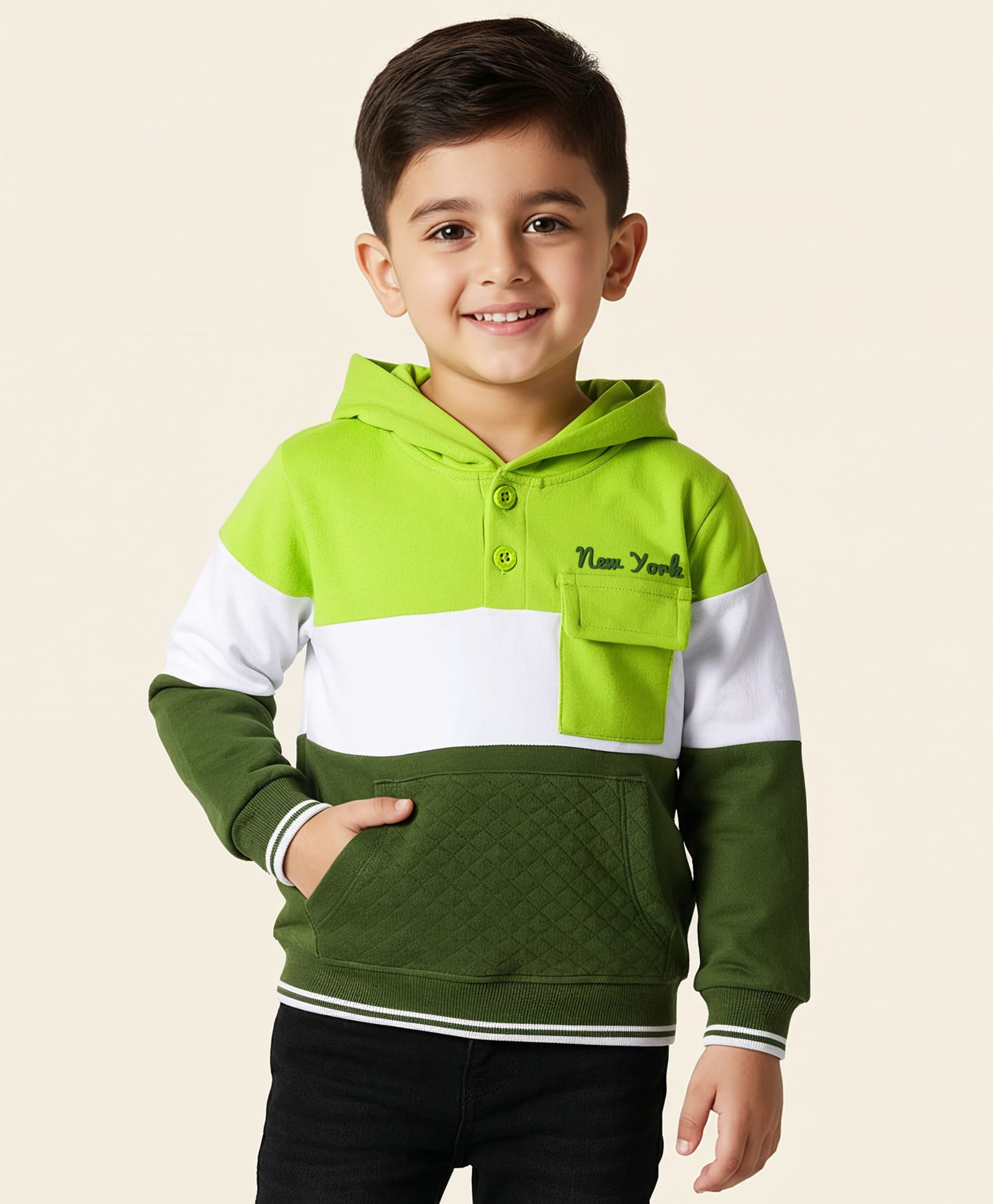 Babyhug Cotton Knit Full Sleeves Hooded Sweatshirt With New York Print & Kangaroo Pockets - Green-image-47