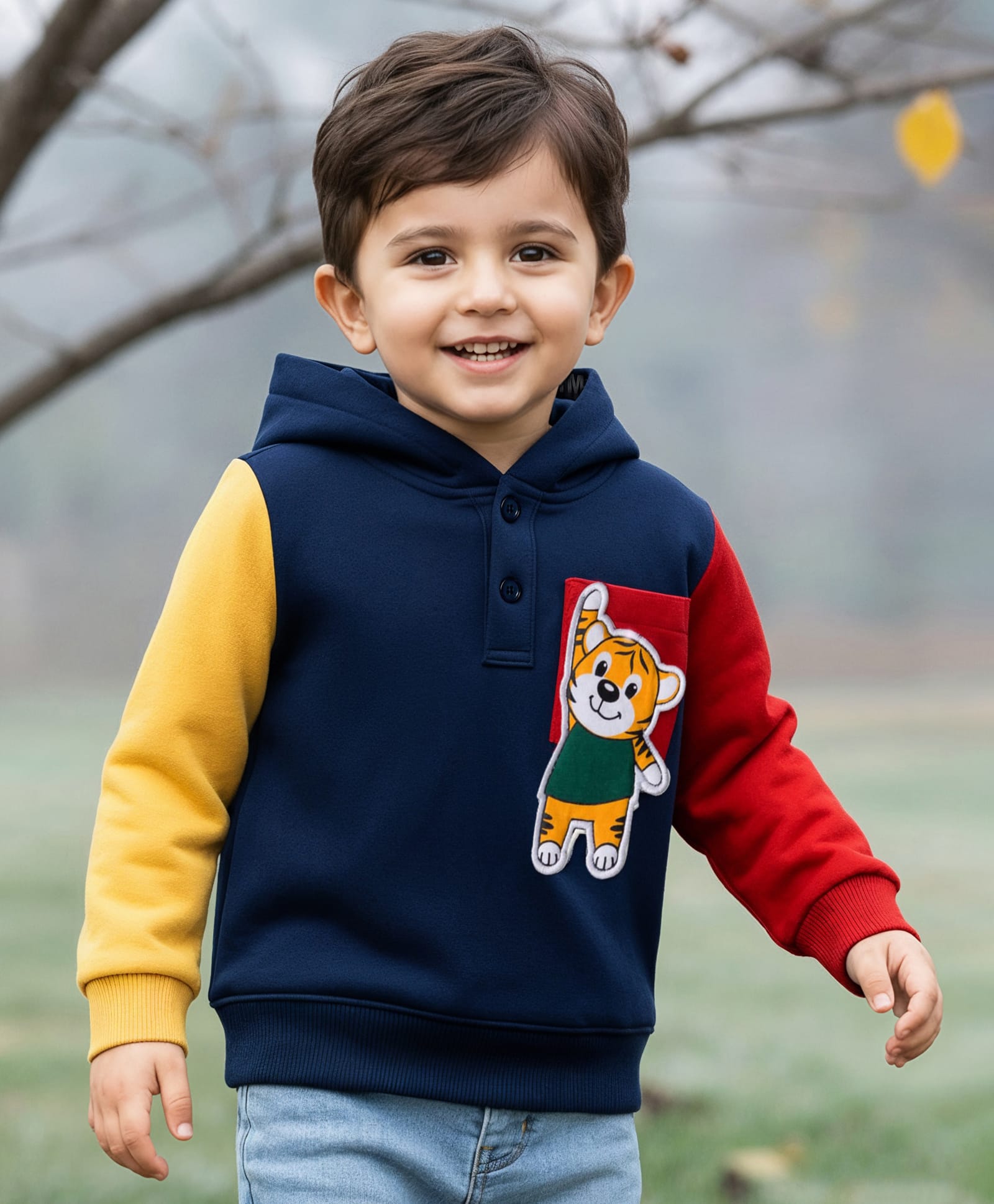 Babyhug Cotton Knit Full Sleeves Hooded Sweatshirt With Tiger Applique - Navy Blue-picture-18