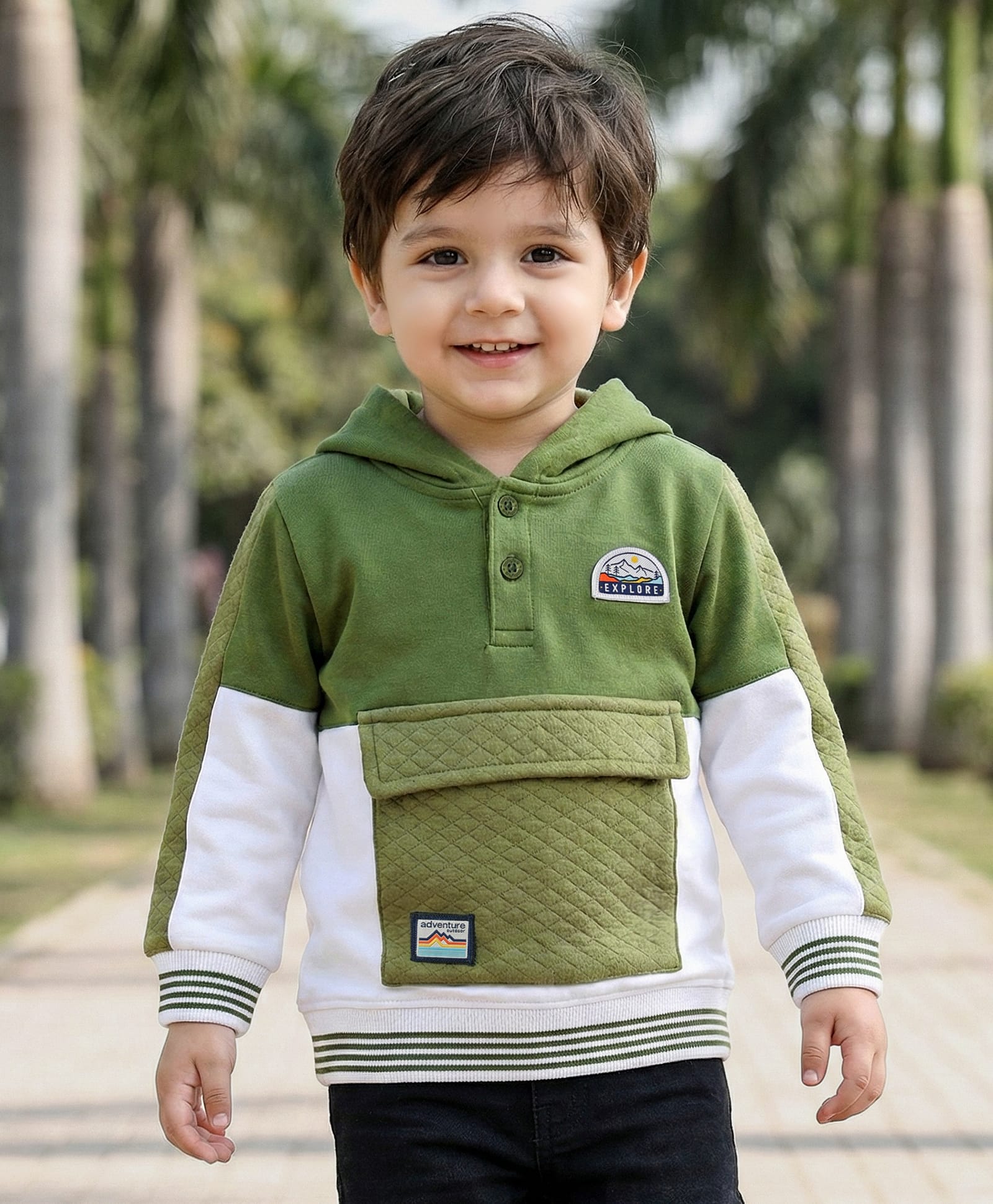 Babyhug Cotton Knit Full Sleeves Hooded Sweatshirt With Front Pocket & Patch - Multi Colour
