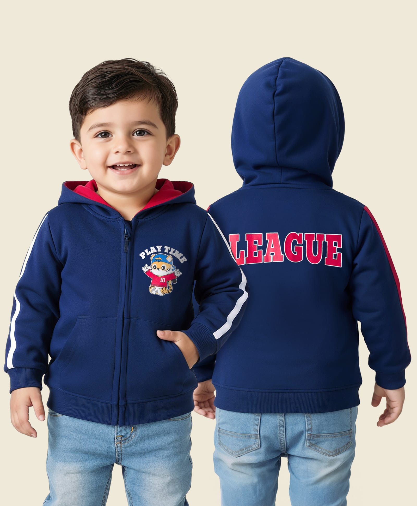 Babyhug Cotton Knit Full Sleeves Hooded Sweatjacket With Tiger Print & Kangaroo Pockets - Navy Blue