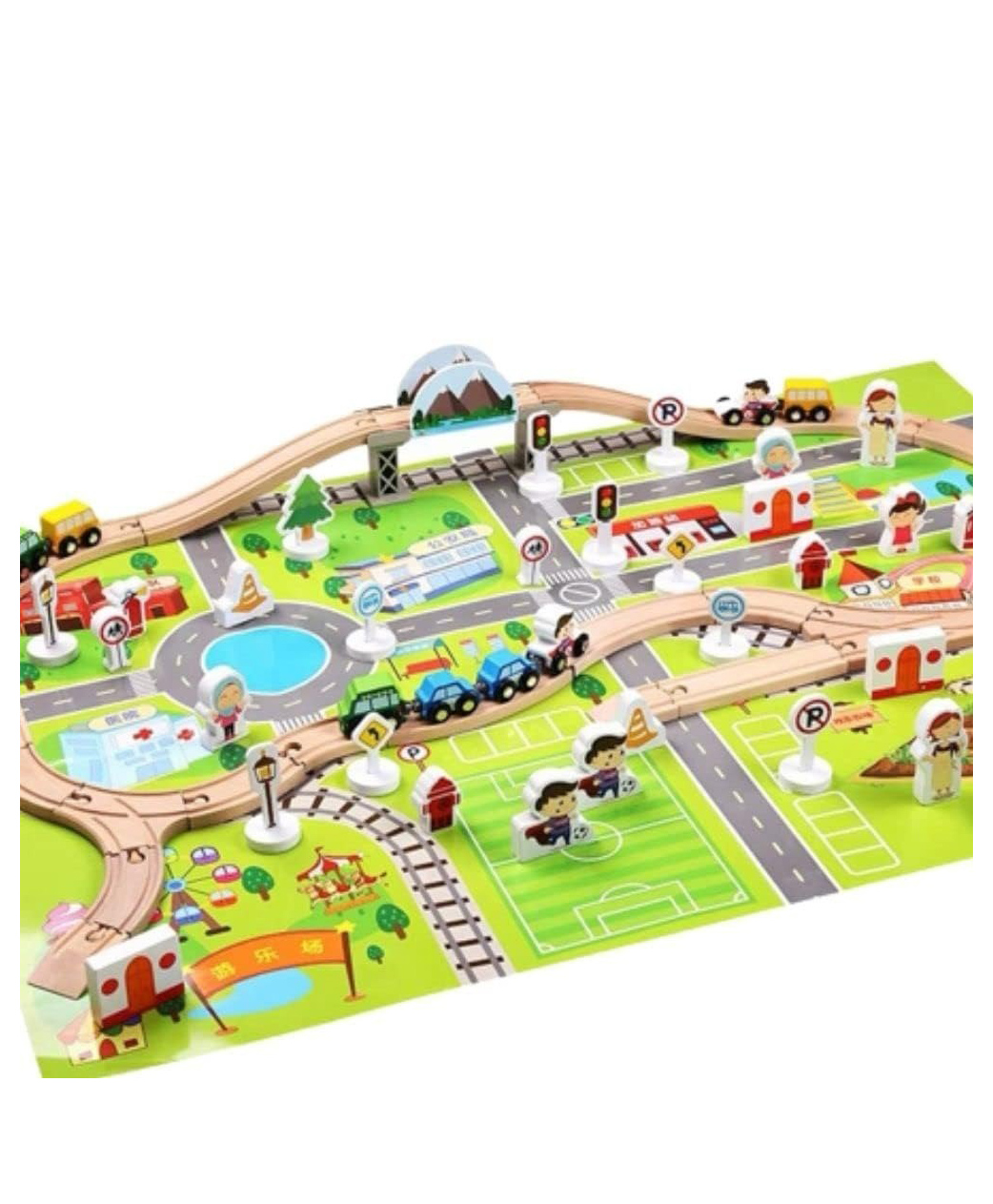 Happy Hues Cityscape Wooden Track Car Bridge Toy Set with Puzzle Playmat with Scenic Accessories| Toys for Boys Girls- 3+ Years - 80 Pieces-image-37