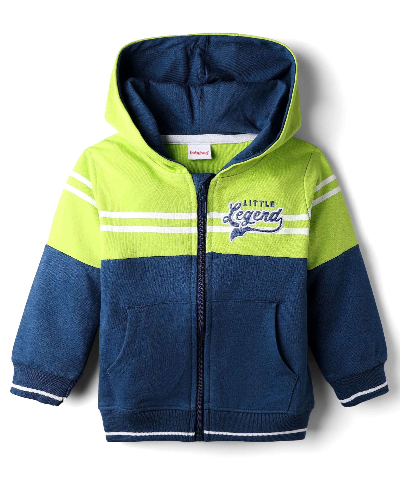 Babyhug Cotton Knit Full Sleeves Hooded Sweatjacket With Text Embroidery & Kangaroo Pockets - Navy Blue & Green-image-38