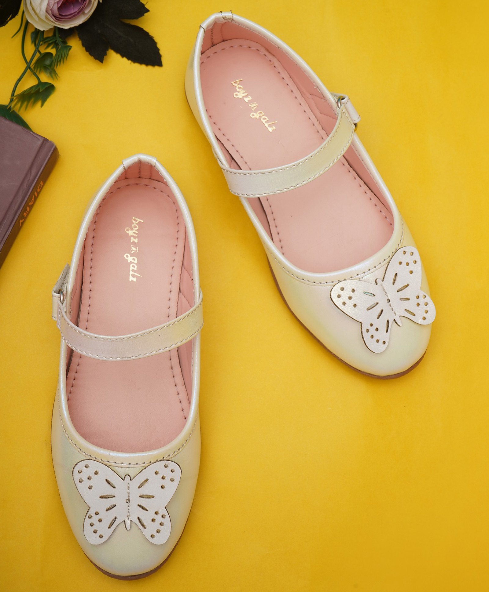 boyz n galz Butterfly Applique Detailed Metallic Velcro Closure Mary Jane Ballerinas - White-image-25